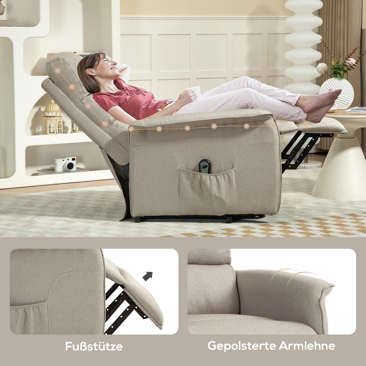 FERNSEHSESSEL mit Aufstehhilfe Elektrisch, Relaxsessel mit Liegefunktion Beige - Beige/Schwarz, Textil/Metall (90/96/66cm) - HOMCOM