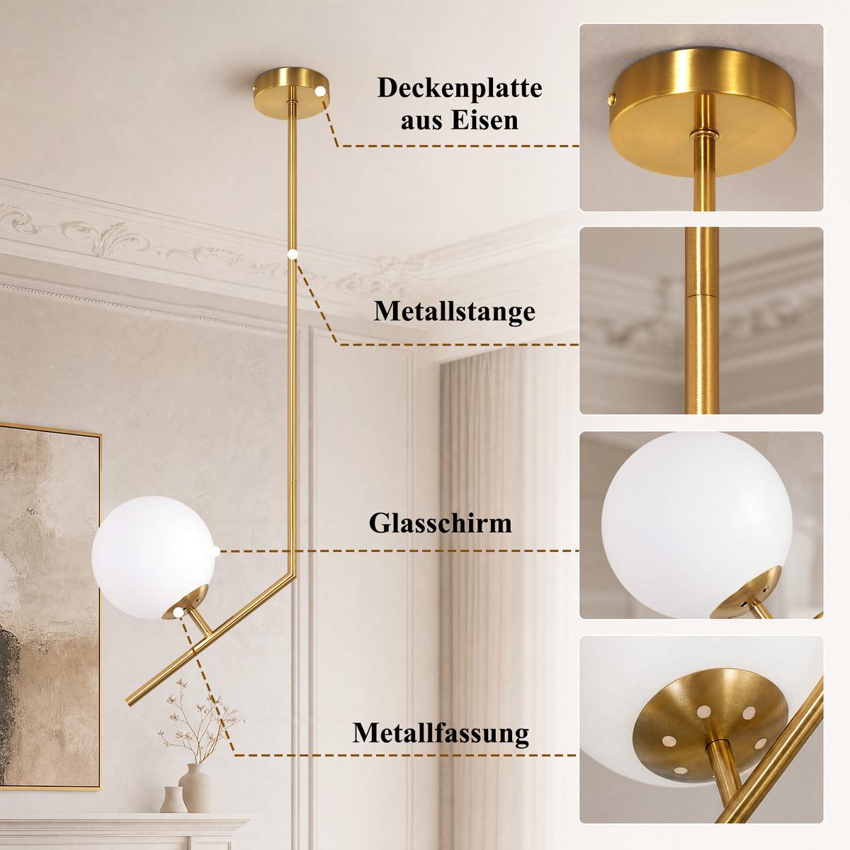 PENDELLEUCHTE Kylvin 15/15/80 cm - Goldfarben/Weiß, Glas/Metall (15/15/80cm) - ZMH