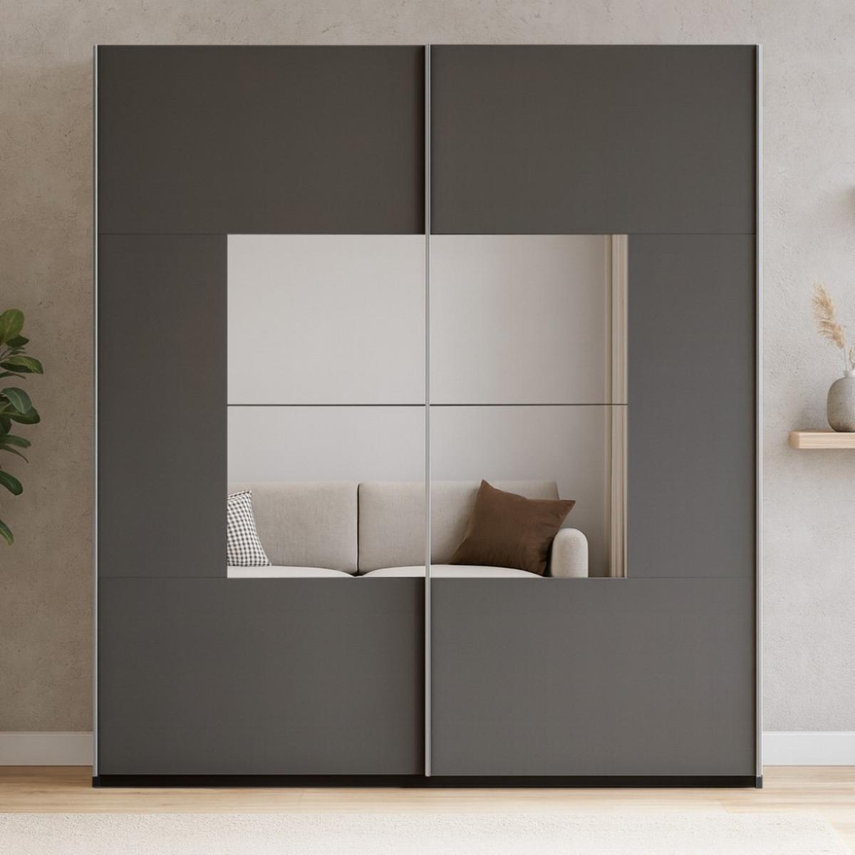 SCHWEBETÜRENSCHRANK Brooklyn mit 2 Türen und Spiegel, graphitfarben, 203 cm - Graphitfarben, Holzwerkstoff (203/215/65cm) - Beautysofa