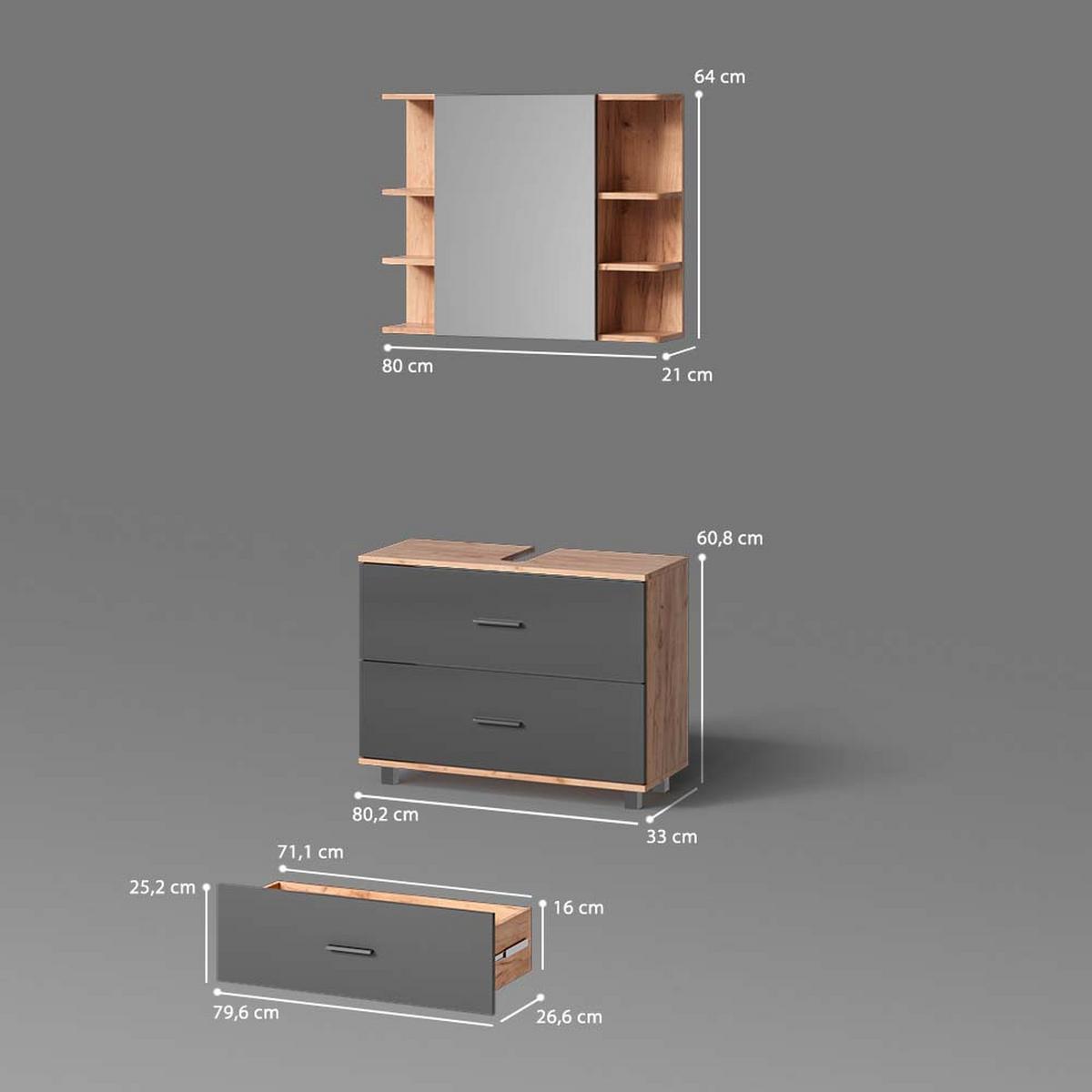 BADMÖBEL-SET Eisak Anthrazit/Goldkraft Eiche 2 Teile, Unterschrank 80 cm - Honigeiche/Anthrazit, Holzwerkstoff (80/60/33cm) - Livinity®