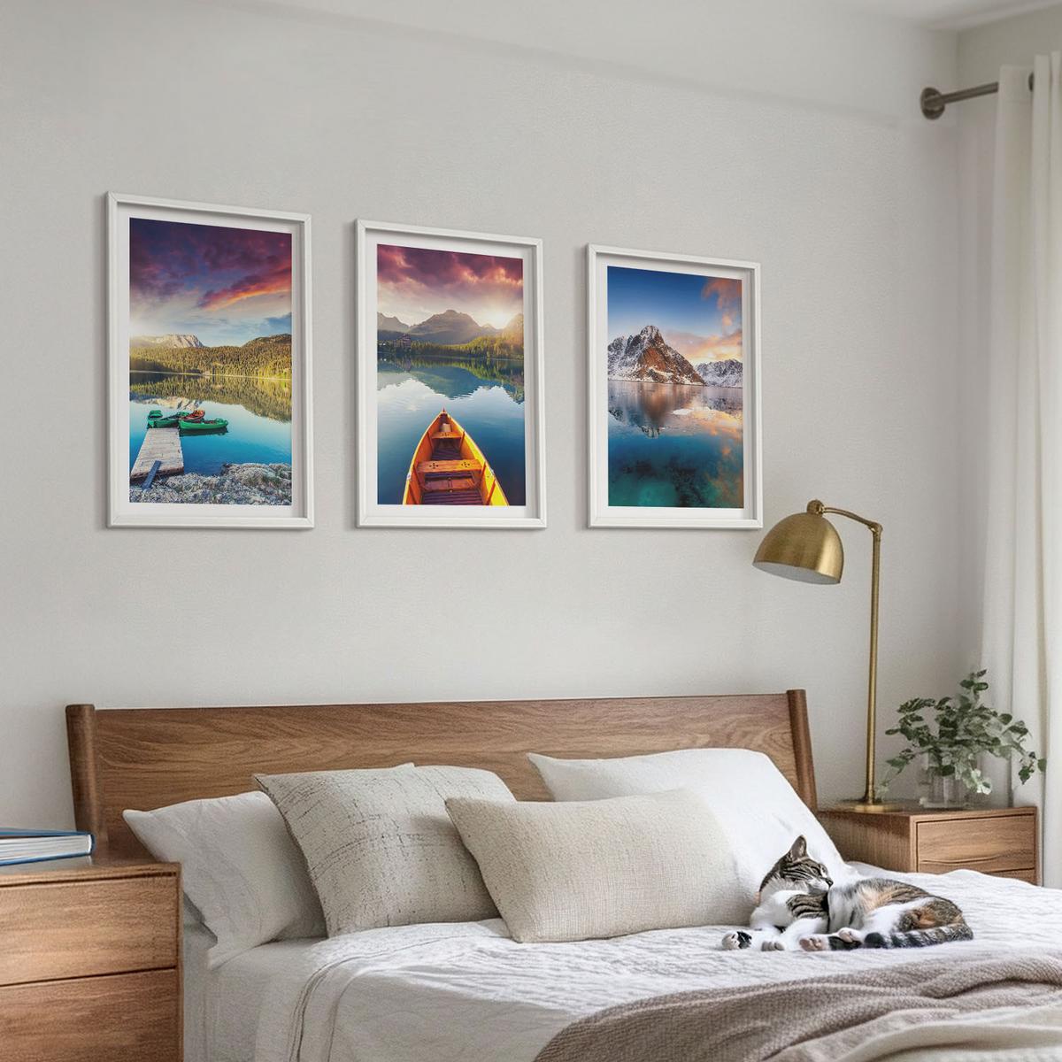 BILDER SET 3er Set - 40x60 cm Weißer Rahmen - Seen, Berge, Boote, Frieden - Weiß, Kunststoff (40/60cm) - TULUP