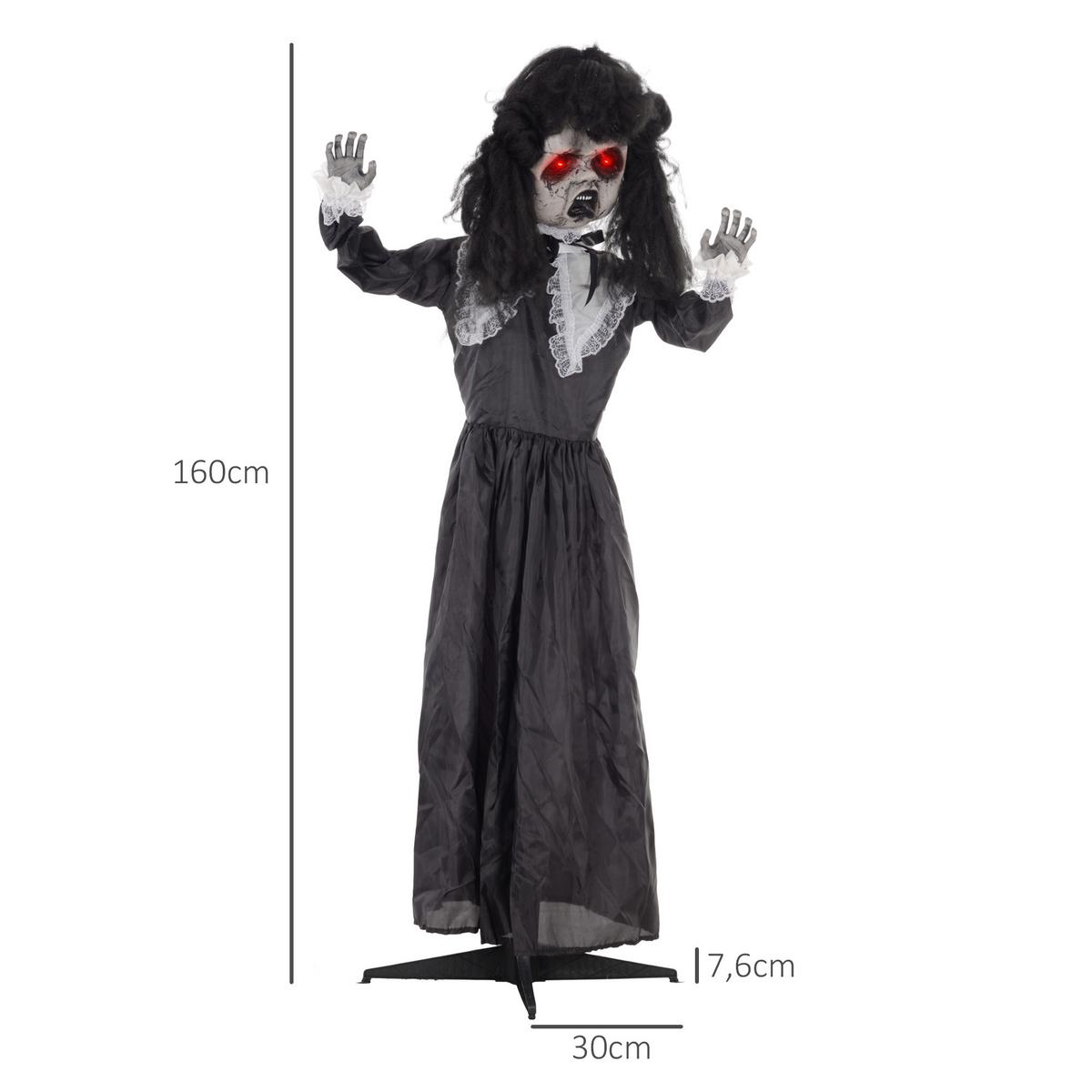 160CM Halloween Dekoration Geisterpuppe mit LED-Lichter, Soundfunktion - Schwarz, Kunststoff (15/160/65cm) - HOMCOM