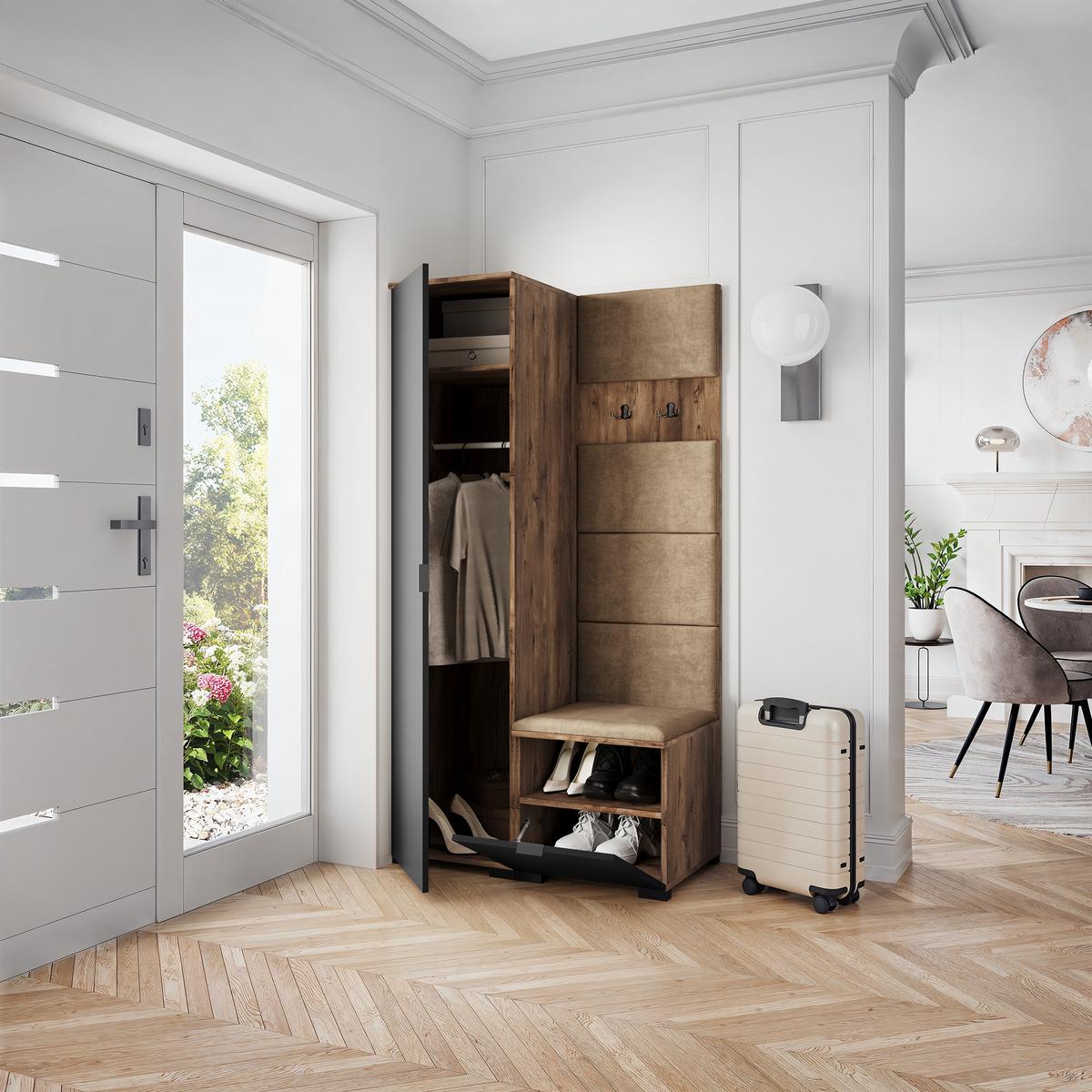 GARDEROBENSCHRANK LORI 95/181/51 cm Modern Garderobe-Set Eiche Lefkas - Eichefarben/Schwarz, Holzwerkstoff (95/181/51cm) - MASSENO