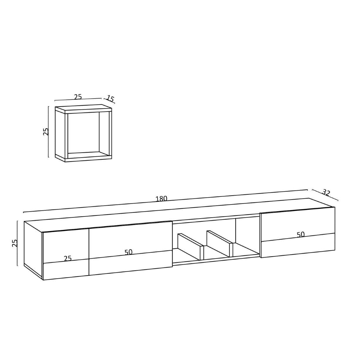 TV-MÖBEL 1 Nische3 Türen und 1 Wandregal Eichen-Saphir-Dekor avior 32/25/180 cm - Eschefarben, Holzwerkstoff (180/25/10cm) - Calicosy