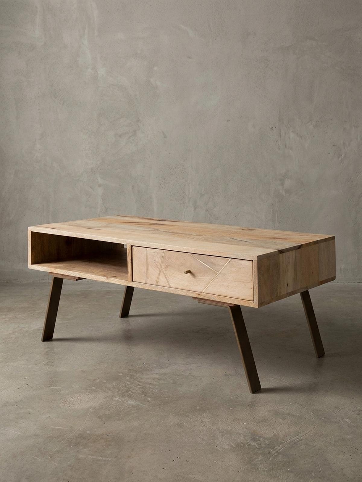COUCHTISCH in Rustikalem Landhausstil, Massives Mangoholz und Metall, Maße 95x42x50 cm - Beige/Braun, Holz/Metall (50/95/42cm) - KADIMA DESIGN
