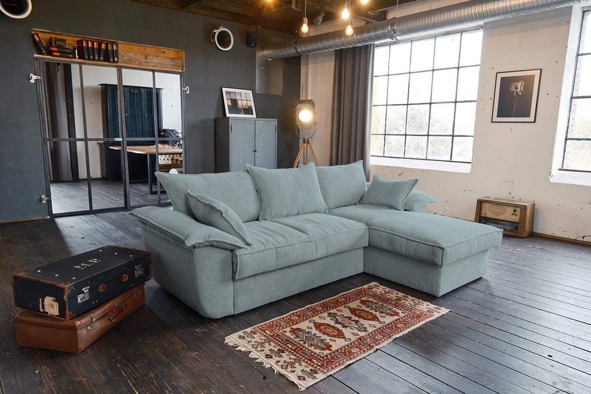 ECKSOFA DAMETO Hellblau Cord Mit Schlaffunktion - Schwarz/Hellblau, Kunststoff/Textil (266/174cm) - KAWOLA