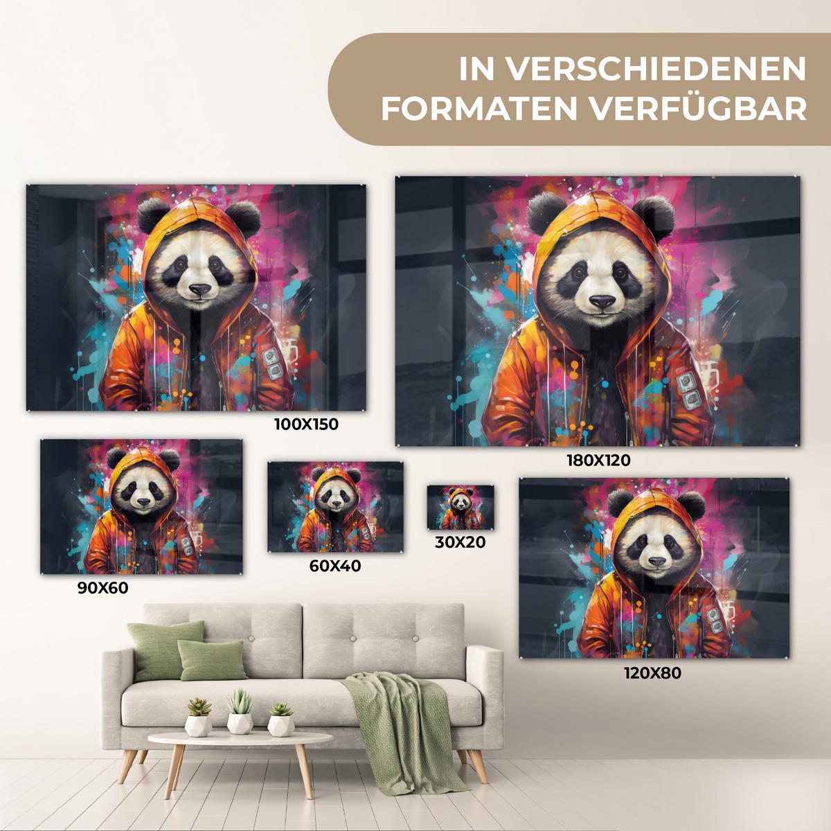 ACRYLGLASBILD Panda - Jacke - Graffiti - Orange Wandbild Schlafzimmer 120x80 cm - Orange, Glas (120/80cm) - MuchoWow