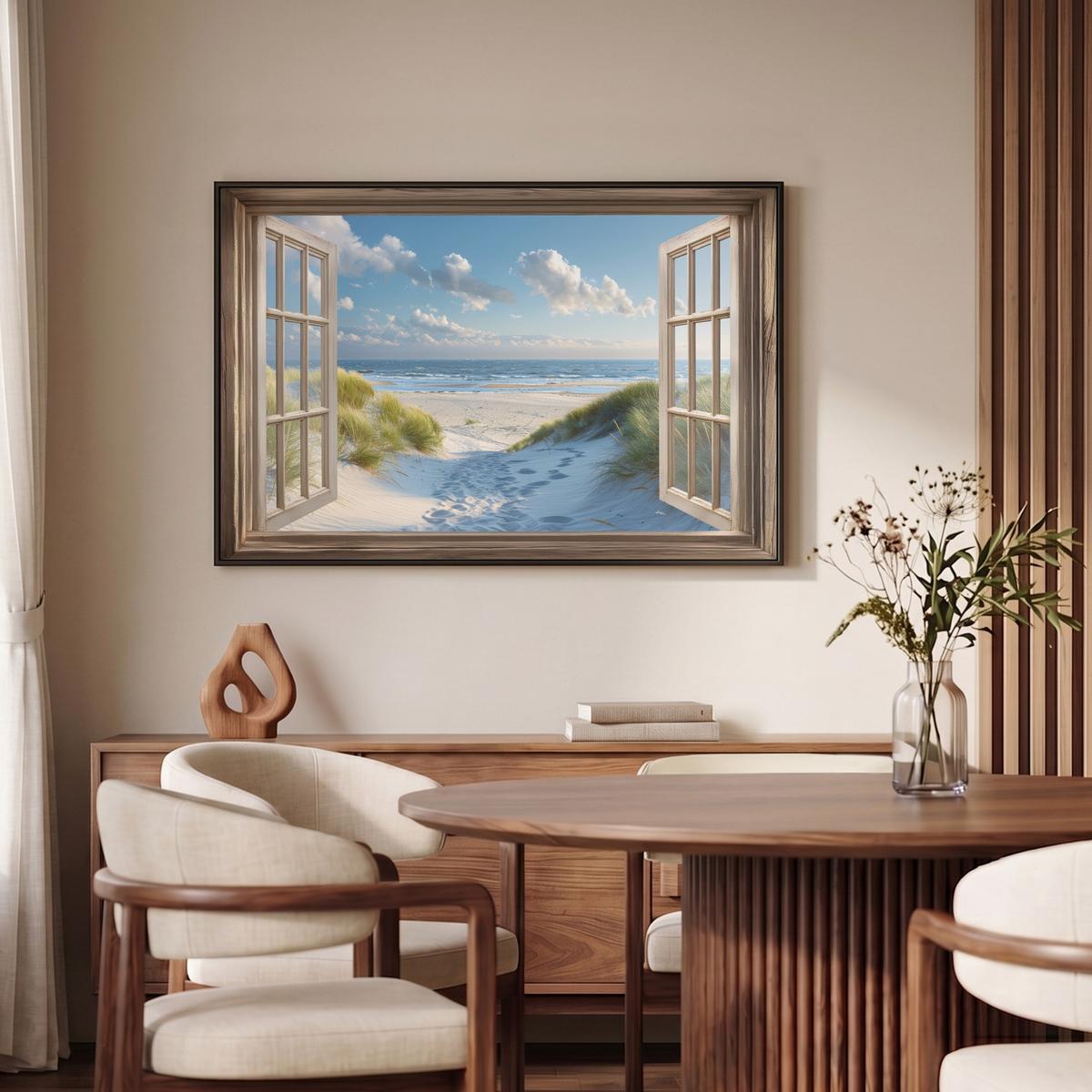 LEINWAND Bilder mit Rahmen - Aussicht - Strand - Fenster - Dünen - Meer - 90x60 - Hellblau, Textil (90/60cm) - MuchoWow