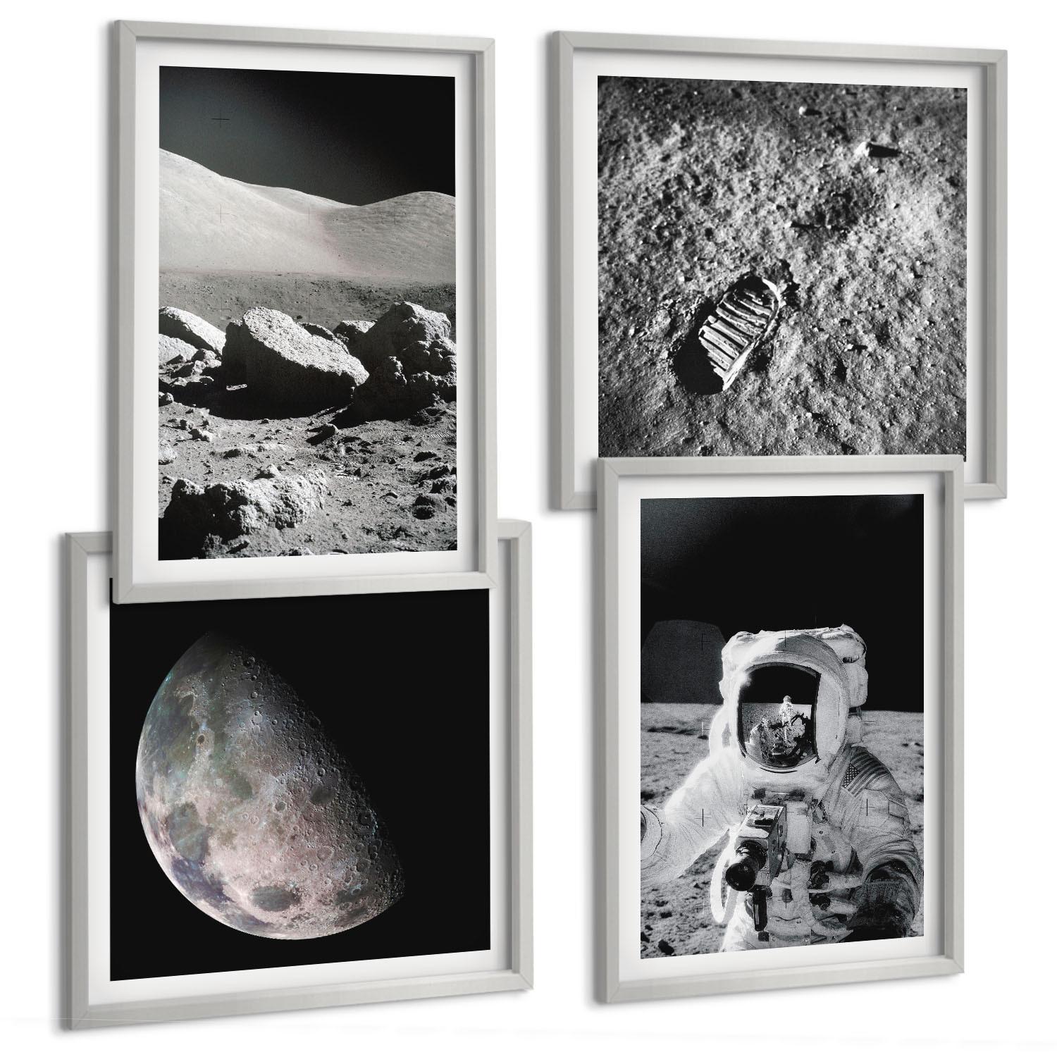 BILDER SET 4er Set - 50x50 cm & 40x60 cm Silberner Rahmen - Fußabdruck eines Astronauten auf dem Mond - Silberfarben, Kunststoff (50/50cm) - TULUP