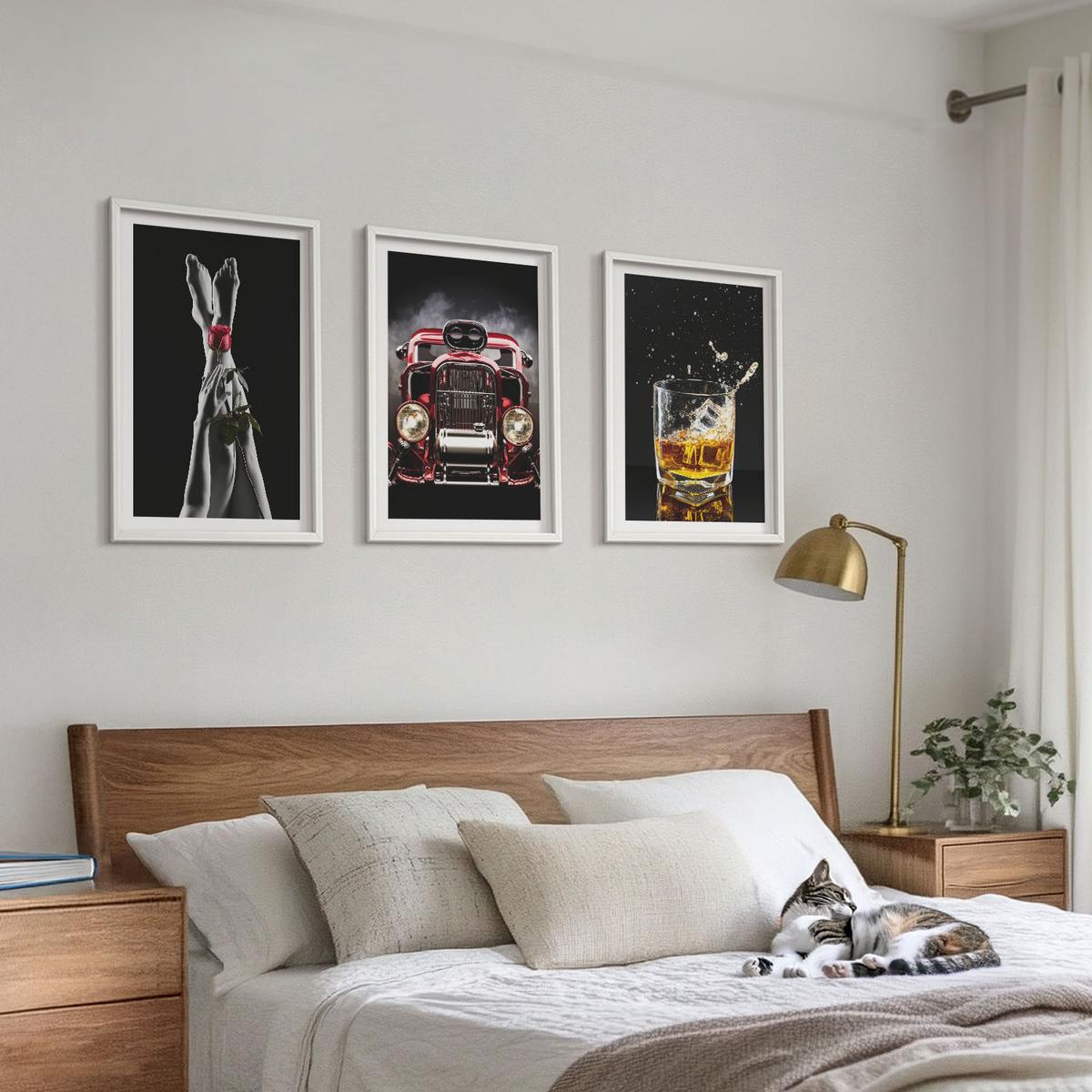 BILDER SET 3er Set - 40x60 cm Weißer Rahmen - Frauenbeine Rosenauto Whisky - Weiß, Kunststoff (40/60cm) - TULUP