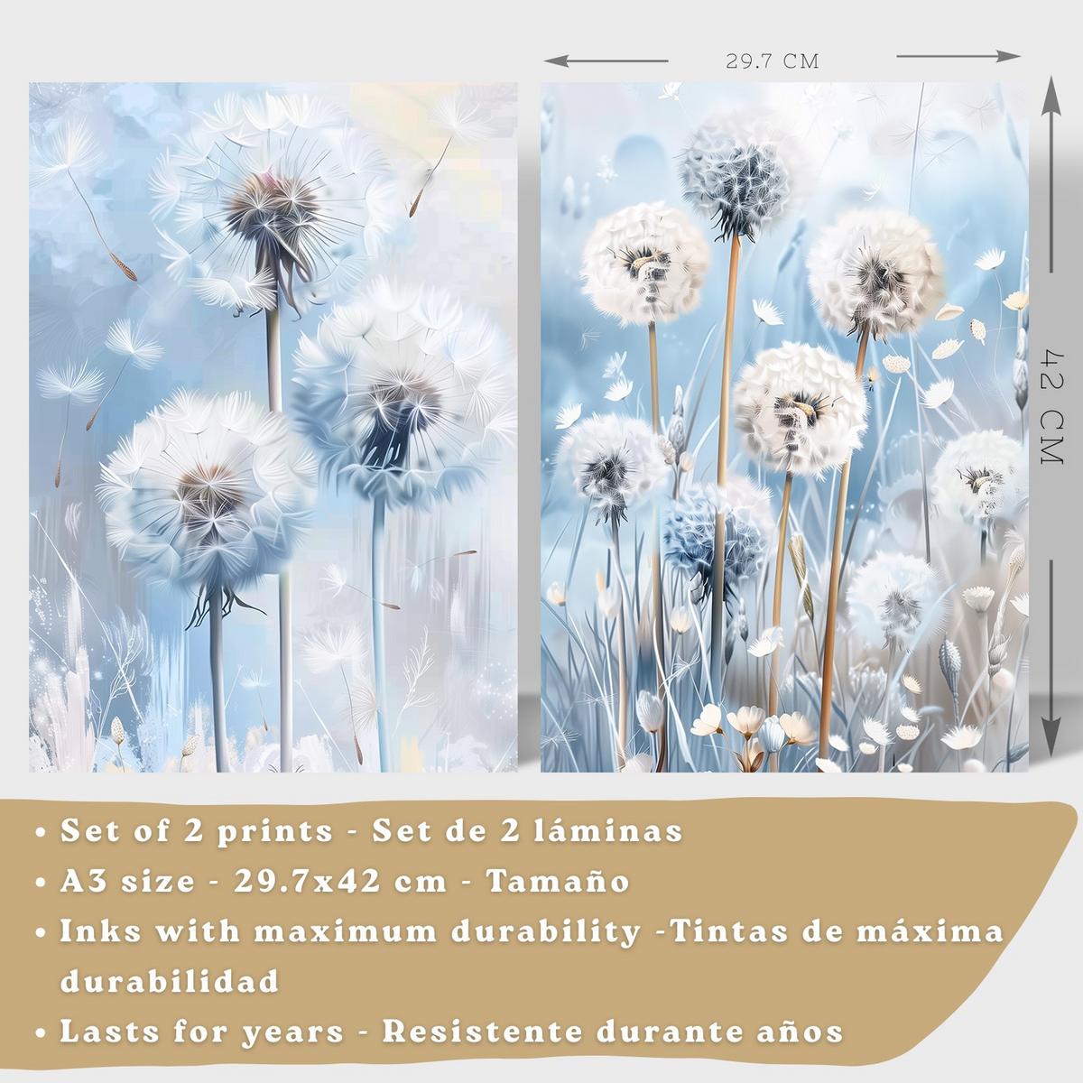 POSTER 2er Kunstdruck-Set Wandbilder Blumen Blau modern Wohnzimmer Deko, Schlafzimmer, Küche, Badezimmer Schwarzer Rahmen A3 - Schwarz, Papier (29.7/1/42cm) - Nacnic