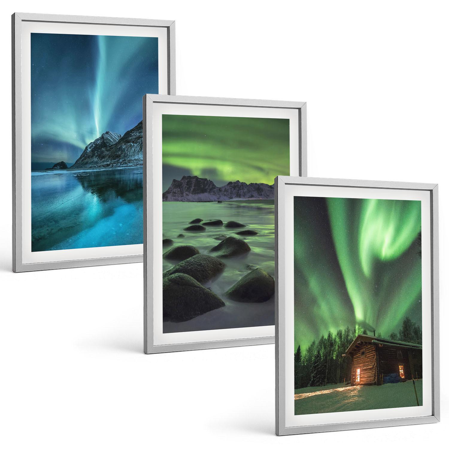 BILDER SET 3er Set - 40x60 cm Silberner Rahmen - Winterlandschaften, Nordlichter, Berge - Silberfarben, Kunststoff (40/60cm) - TULUP