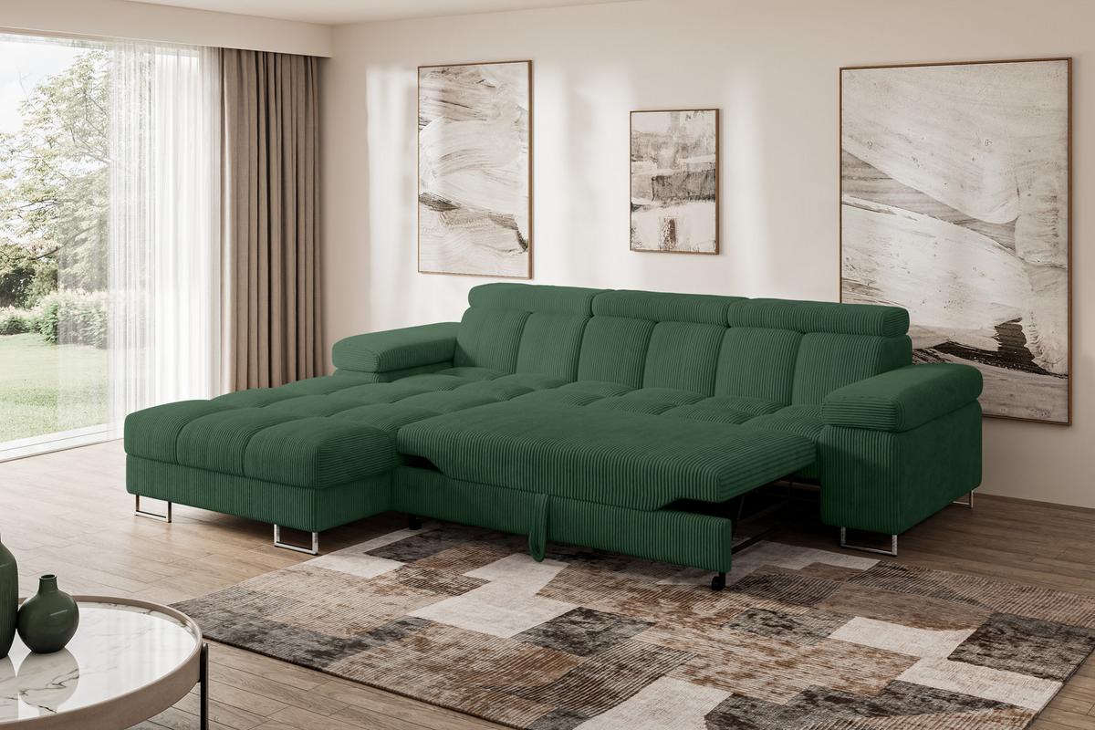 ECKSOFA mit Schlaffunktion Ottomane Links 271x203x79 Grün Cord - Waldgrün, Holzwerkstoff/Textil (271/203cm) - ALTDECOR