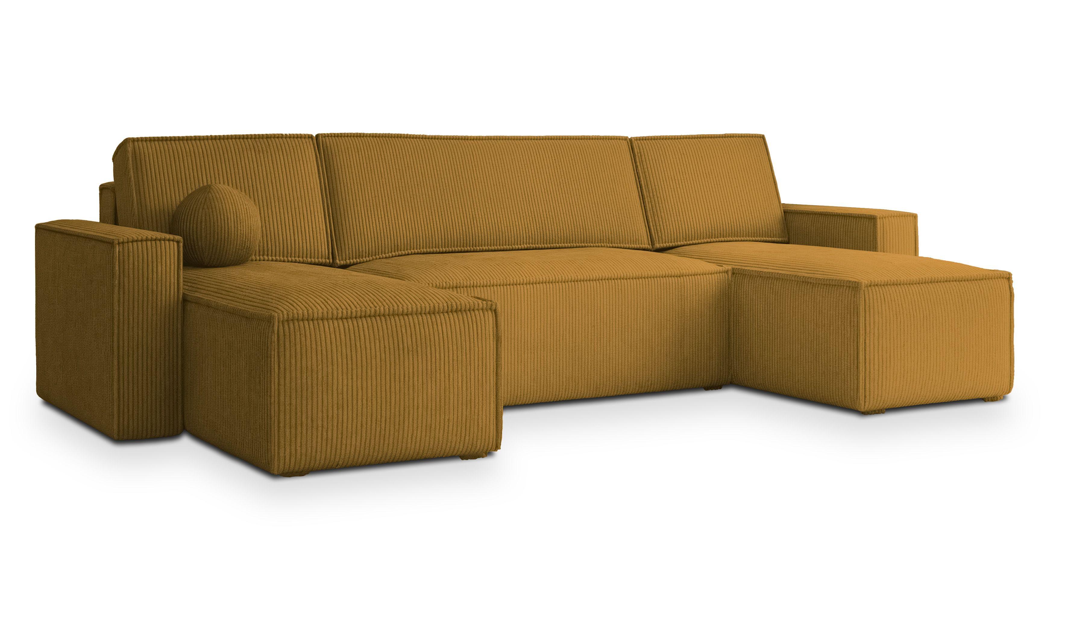 WOHNLANDSCHAFT PESANO P Gelb Kordstoff mit Schlaffunktion - Gelb/Grau, Holz/Kunststoff (306/85/140cm) - MASSENO