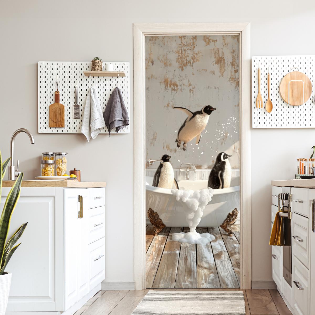 TÜRAUFKLEBER Vintage - Pinguin - Badewanne - Schaumstoff 80x215 cm - Türtapete - Hellbraun, Kunststoff (80/0.1cm) - MuchoWow