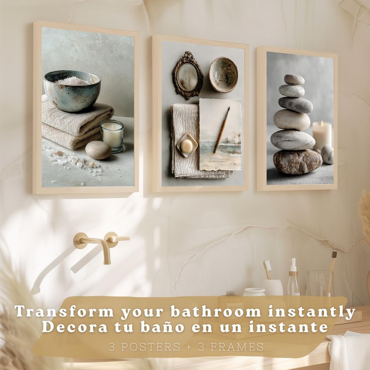 POSTER 3er-Set moderne Badezimmer-Wandposter, Entspannungsposter im Spa-Stil WC mit Steinen, Kerzen und Salzen, Zen-Dekoration Leichter Holzrahmen A4 - Beige, Papier (29.7/21/3cm) - Nacnic