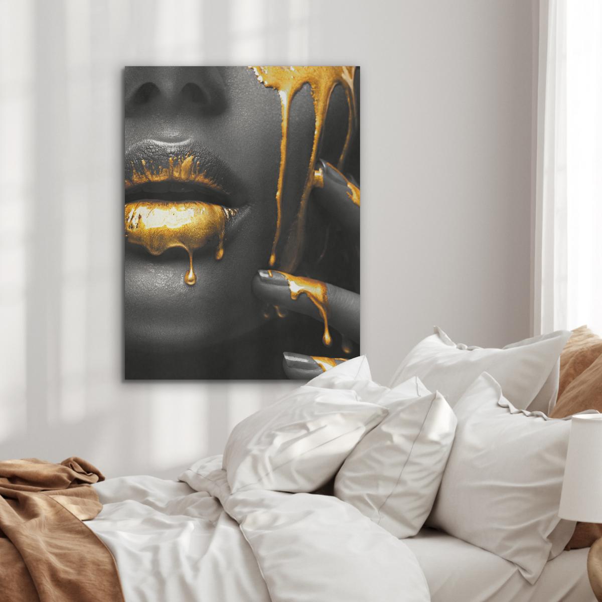 AKUSTIKBILD Frau - Schwarz - Gold - Gesicht - Lippen Wandbilder 60x80 cm - Goldfarben, Kunststoff (60/80/0.9cm) - MuchoWow