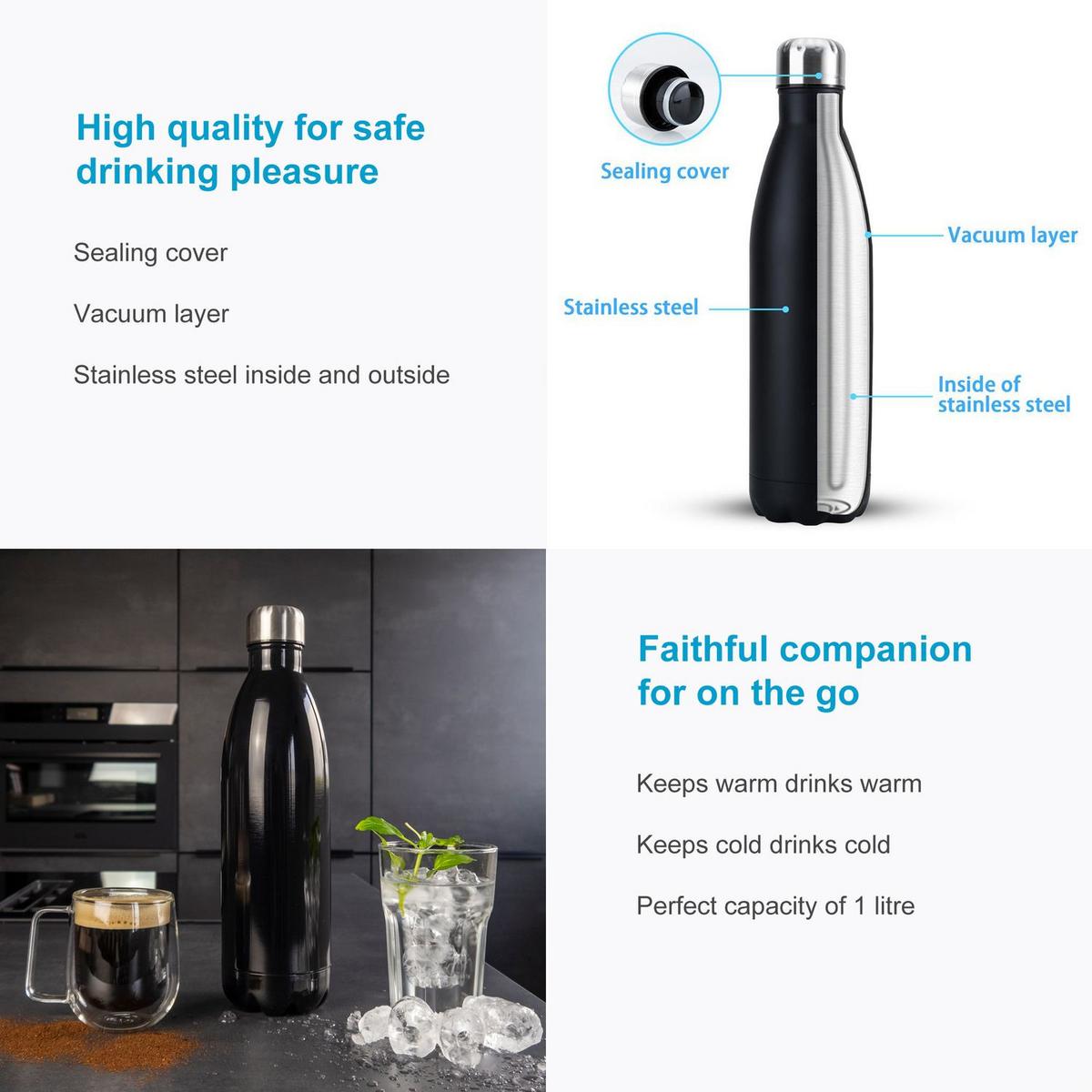 THERMOSKANNE 1 Liter Auslaufsicher - Schwarz, Metall (0.75L) - Intirilife