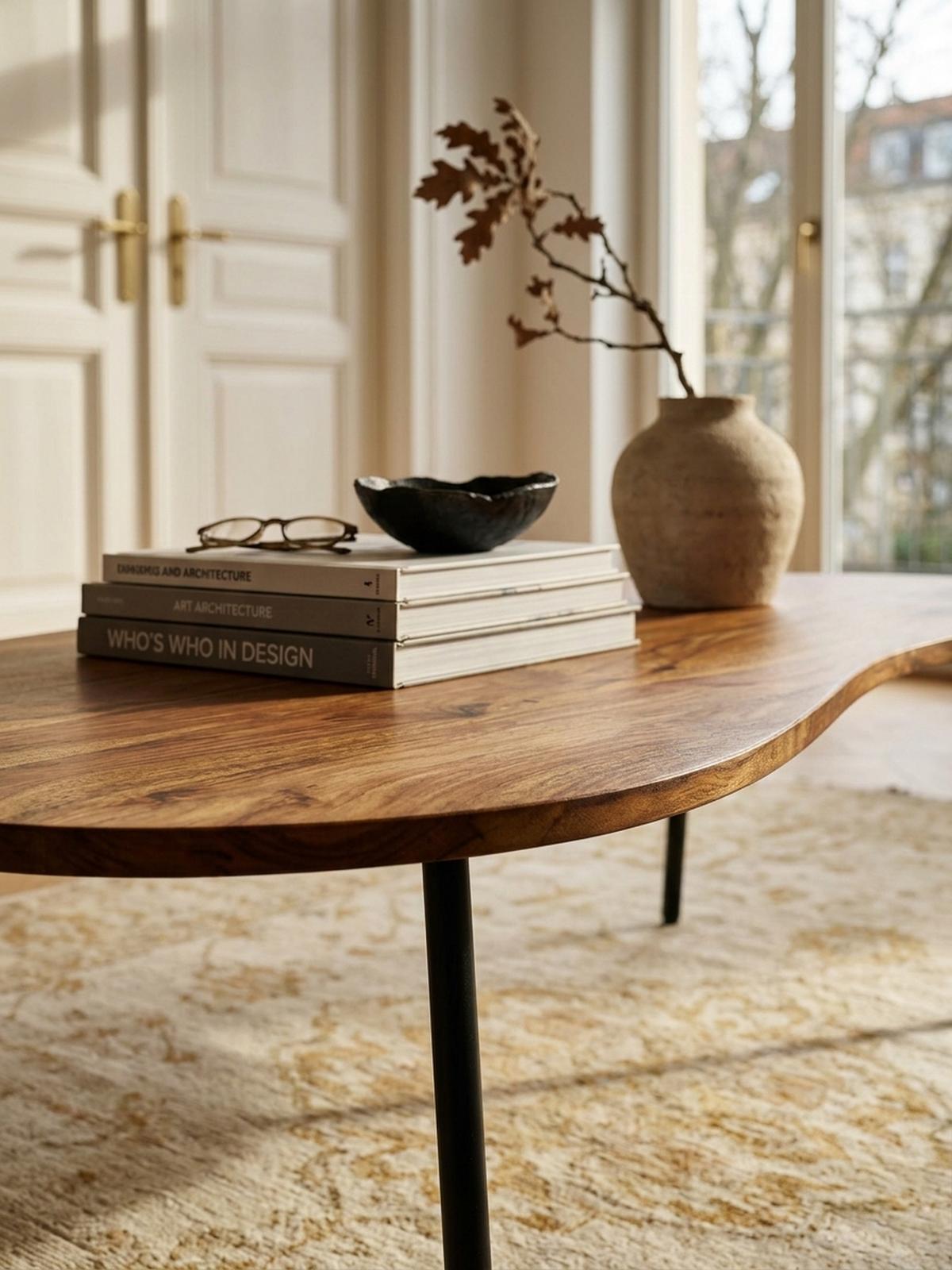 COUCHTISCH Retro-Stil mit Nierenform, Massivholz, Metallbeine, pflegeleichte Tischplatte, Braun 122x63x36 cm - Schwarz/Braun, Holz/Metall (63/122/36cm) - KADIMA DESIGN