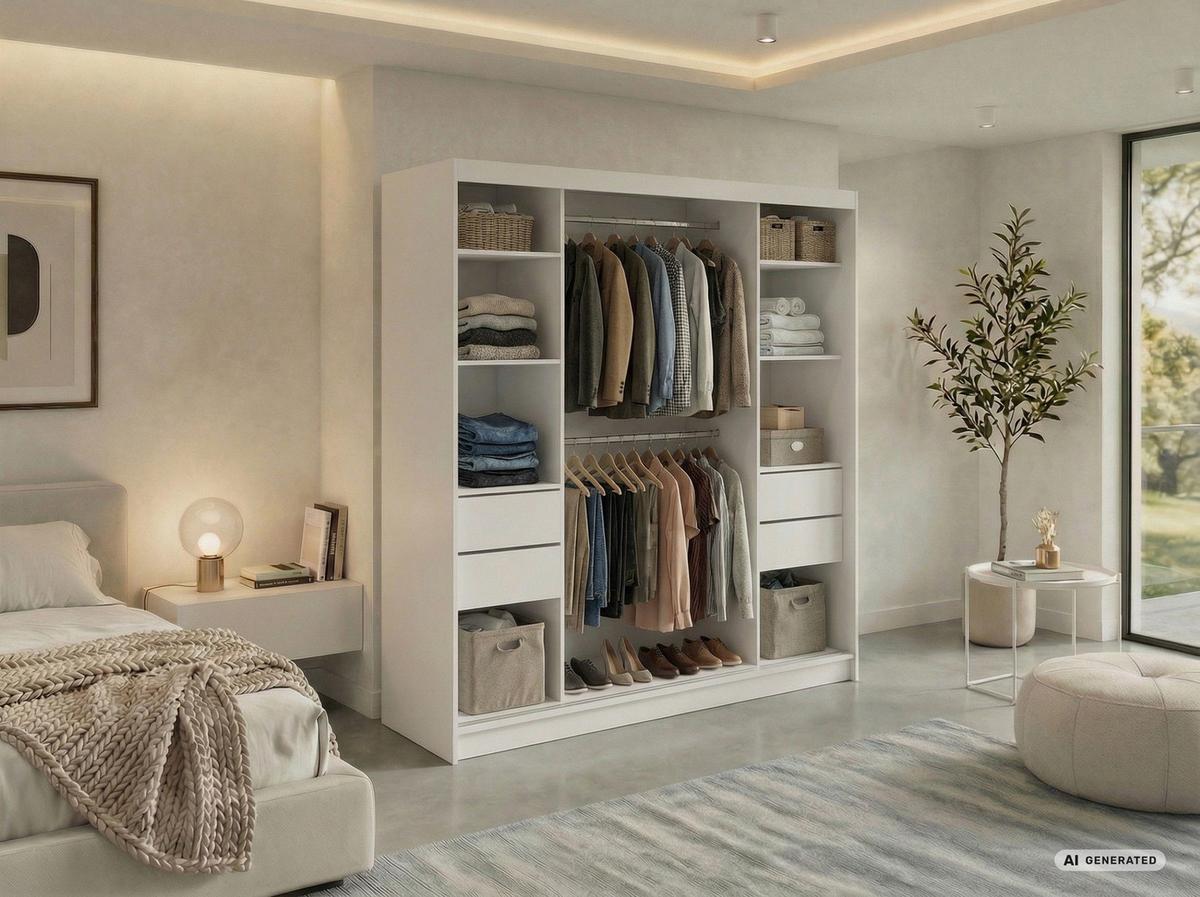 SCHWEBETÜRENSCHRANK mit Schubladen 200 - SKORIA - Weiß mit Spiegel - Alufarben/Weiß, Holzwerkstoff/Metall (200/216/61cm) - MKS