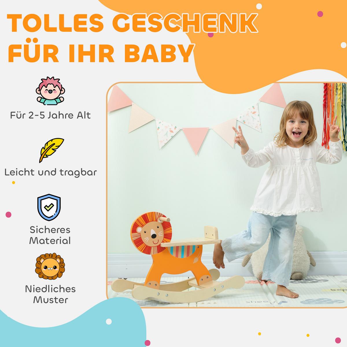 SCHAUKELPFERD Holz, Kinder Schaukeltier Löwe mit Haltegriffen Schaukel Orange - Orange, Holzwerkstoff (27/44/59cm) - AIYAPLAY