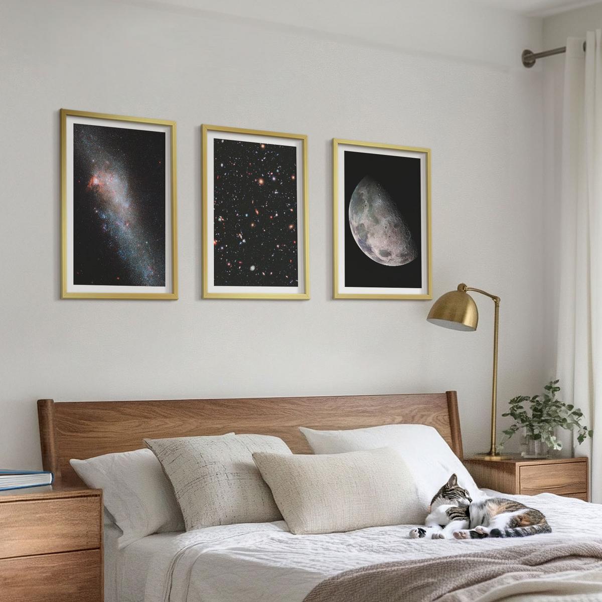BILDER SET 3er Set - 40x60 cm Goldrahmen - Weltraum Galaxien Sterne Mond - Goldfarben, Kunststoff (40/60cm) - TULUP