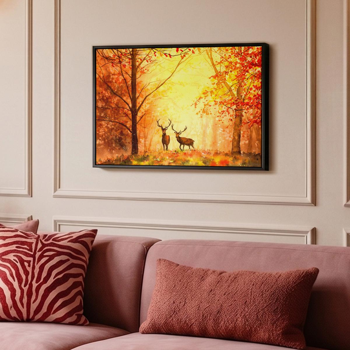 LEINWAND Bilder mit Rahmen - Natur - Ölfarbe - Hirsche - Tiere - Herbst - Orange - 60x40 - Orange, Textil (60/40cm) - MuchoWow