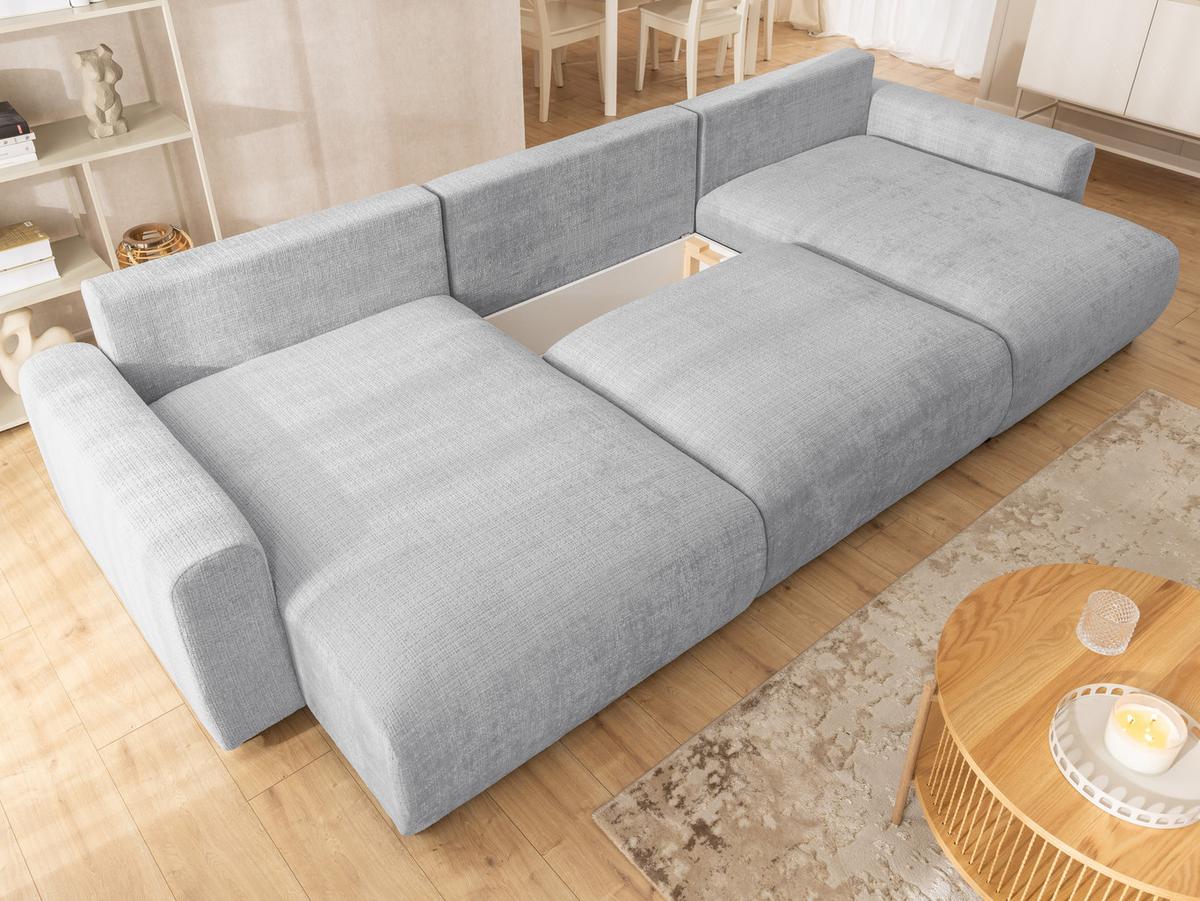 WOHNLANDSCHAFT Calma mit Schlaffunktion und Bettkasten im Bumpy-Design aus weichem Hellgrau Chenille-Stoff - Hellgrau/Schwarz, Holz/Kunststoff (336/88/140cm) - S-Style