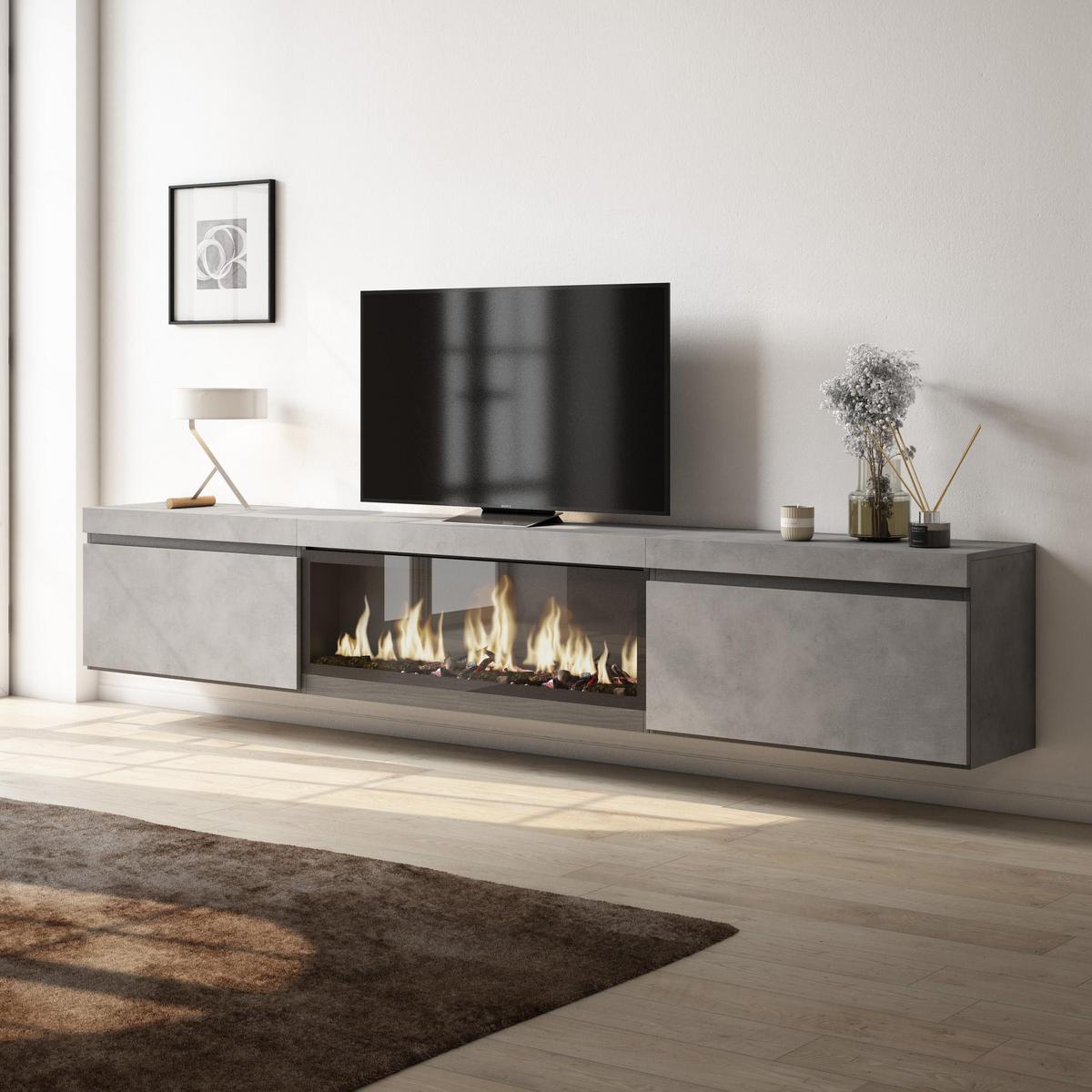 LOWBOARD, mit Elektrokamin XXL, Hängend, Zementgrau, 267/35/45cm - Grau, Holzwerkstoff (267/45/35cm) - Skraut Home