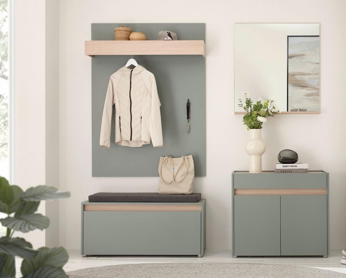 SCHUHSCHRANK Flur Kommode in Salbei Grün mit Eiche, Schubkasten und Fächer, 80 x 70 cm - Salbeigrün/Eichefarben, Holz/Holzwerkstoff (80/70/40cm) - Furn.Design