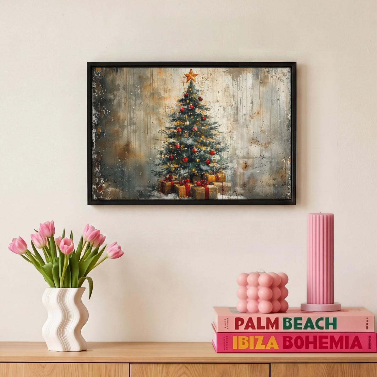 LEINWAND Bilder mit Rahmen - Weihnachtsbaum - Vintage - Weihnachten - Geschenk - 30x20 - Rostfarben, Textil (30/20cm) - MuchoWow