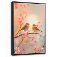 LEINWAND Bilder mit Rahmen - Rotkehlchen - Zierpflanze - Blütenzweig - 20x30 - Hellrosa, Textil (20/30cm) - MuchoWow
