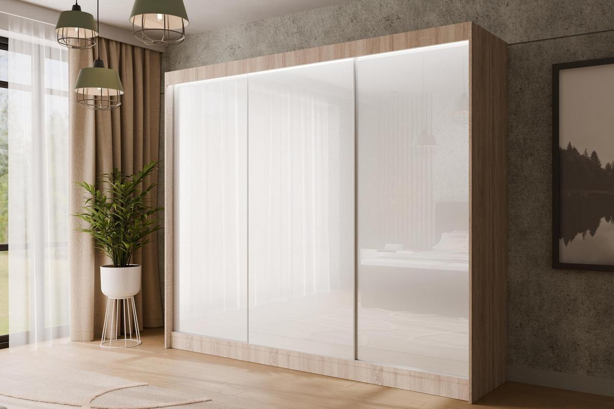 KLEIDERSCHRANK PEKA mit LED - 250 cm - Sonoma Eiche|Weiß - Weiß/Sonoma Eiche, Holzwerkstoff (250/215/61cm) - ALTDECOR