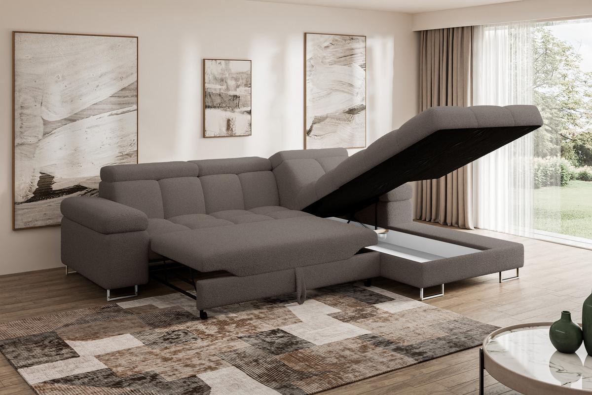 ECKSOFA mit Schlaffunktion Ottomane Rechts COMA L 271x203x79 Braun Bouclé - Dunkelbraun, Holzwerkstoff/Textil (203/271cm) - ALTDECOR