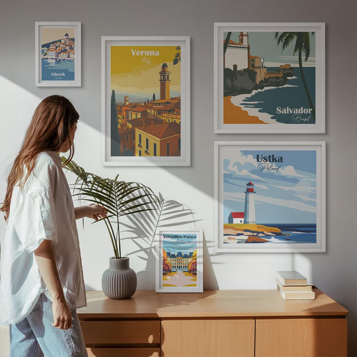 BILDER SET 5er Set - 50x50 cm & 20x30 cm & 40x60 cm Weißer Rahmen - Europäische Städte in farbigen Illustrationen - Weiß, Kunststoff (40/60cm) - TULUP