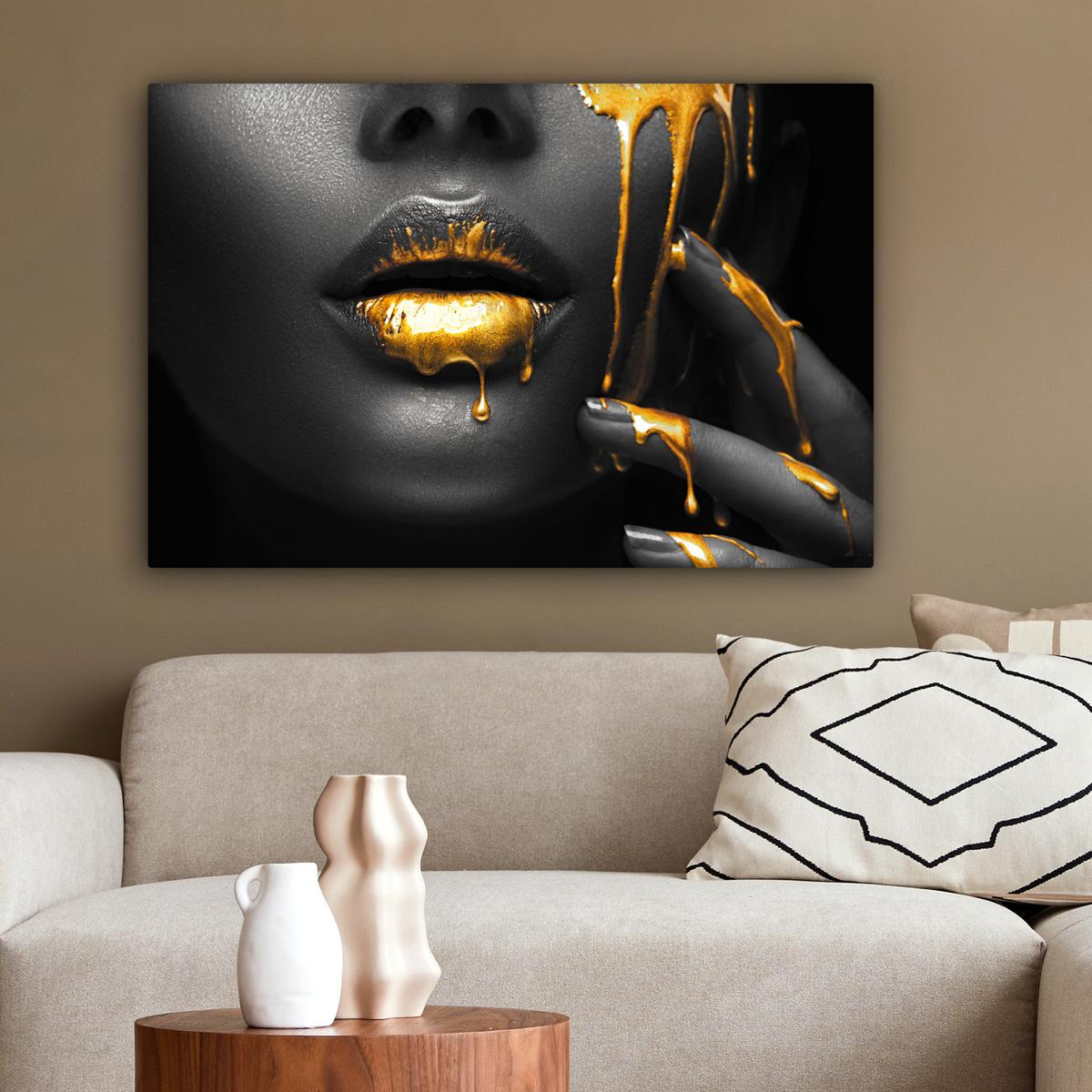 LEINWANDBILD Frau - Schwarz - Gold - Gesicht - Lippen Gemälde 60x40 cm - Goldfarben, Textil (60/40cm) - MuchoWow