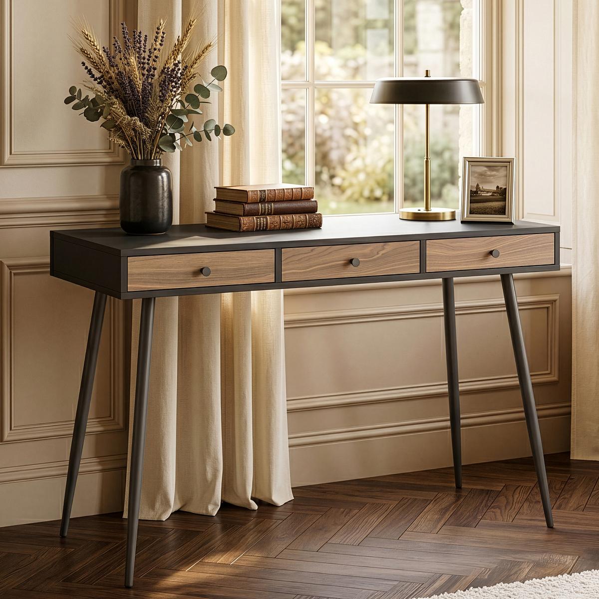 SCHREIBTISCH Tumba - Walnussfarben/Schwarz, Holzwerkstoff/Metall (48/115/76cm) - [en.casa]
