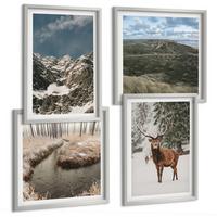 BILDER SET 4er Set - 50x50 cm & 40x60 cm Silberner Rahmen - Berge, Schnee, Hirsche, Waldlandschaft - Silberfarben, Kunststoff (50/50cm) - TULUP