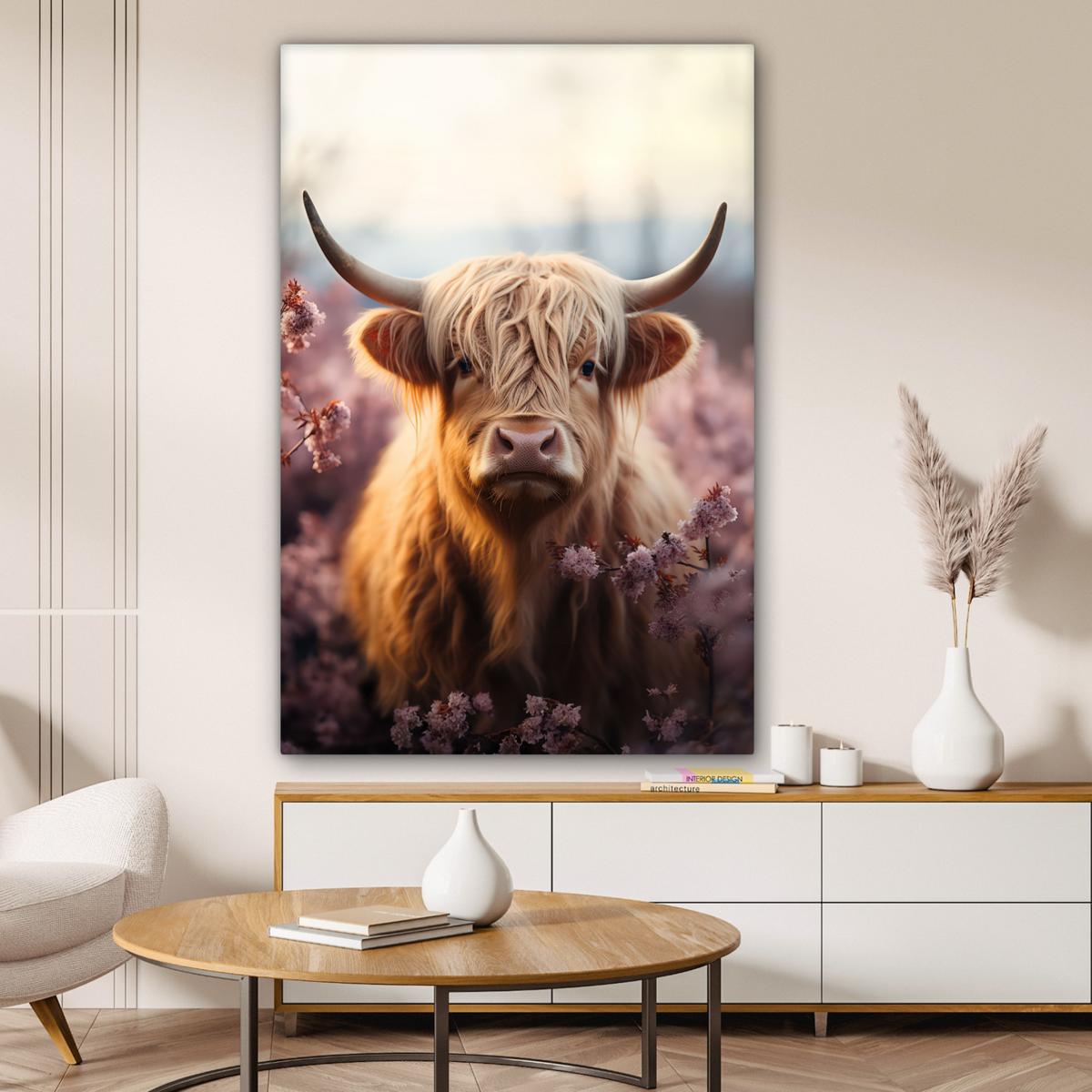 LEINWANDBILD Schottischer Hochländer - Frühling - Hochland Deko XXL 80x120 cm - Hellrosa, Textil (80/120cm) - MuchoWow