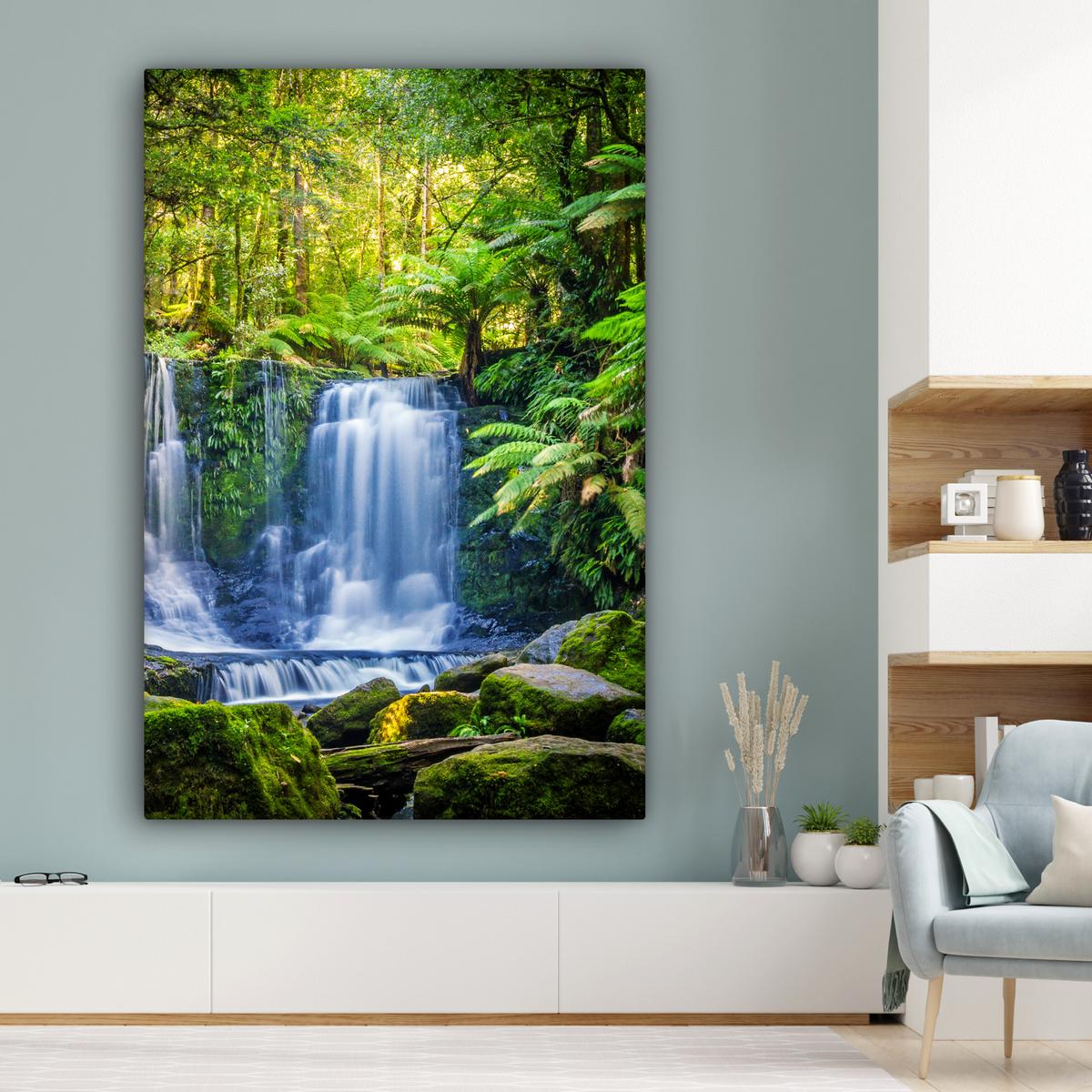 LEINWANDBILD Dschungel - Wasserfall - Australien - Pflanzen - Natur Deko Groß 90x140 cm - Dunkelgrün, Textil (90/140cm) - MuchoWow