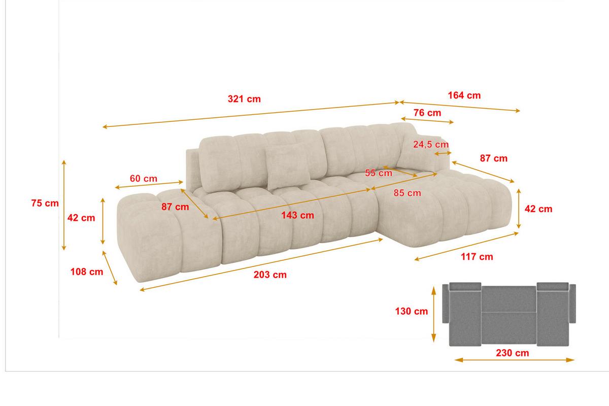 ECKSOFA mit Schlaffunktion Ottomane RECHTS OLEA-L2 321x164x75 Beige Velours - Sandfarben/Schwarz, Holzwerkstoff/Kunststoff (164/321cm) - ALTDECOR