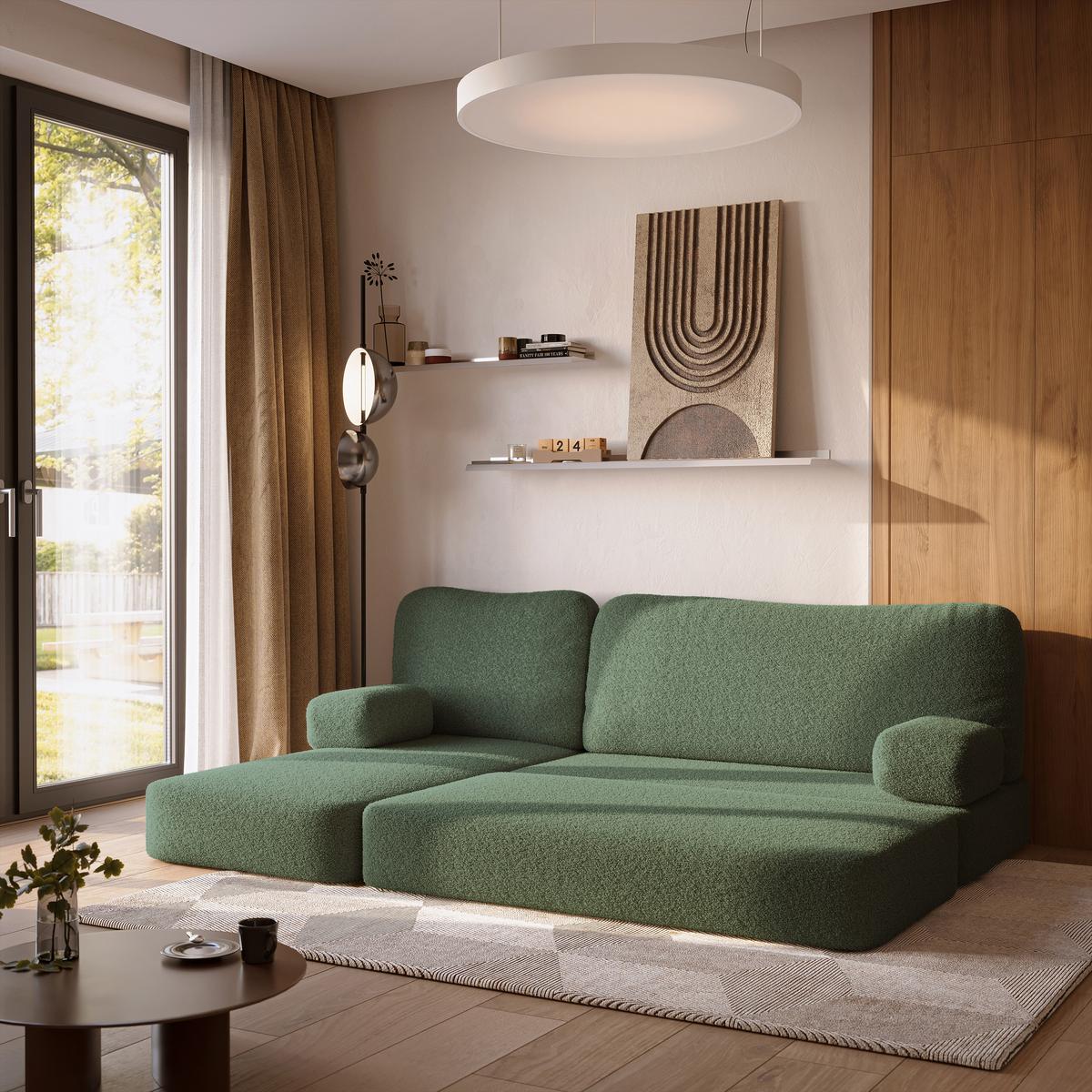 ECKSOFA SABI modulares Boneless Sofa mit Schlaffunktion Grün Boucle-Stoff - Grün, Textil (200/120cm) - MASSENO