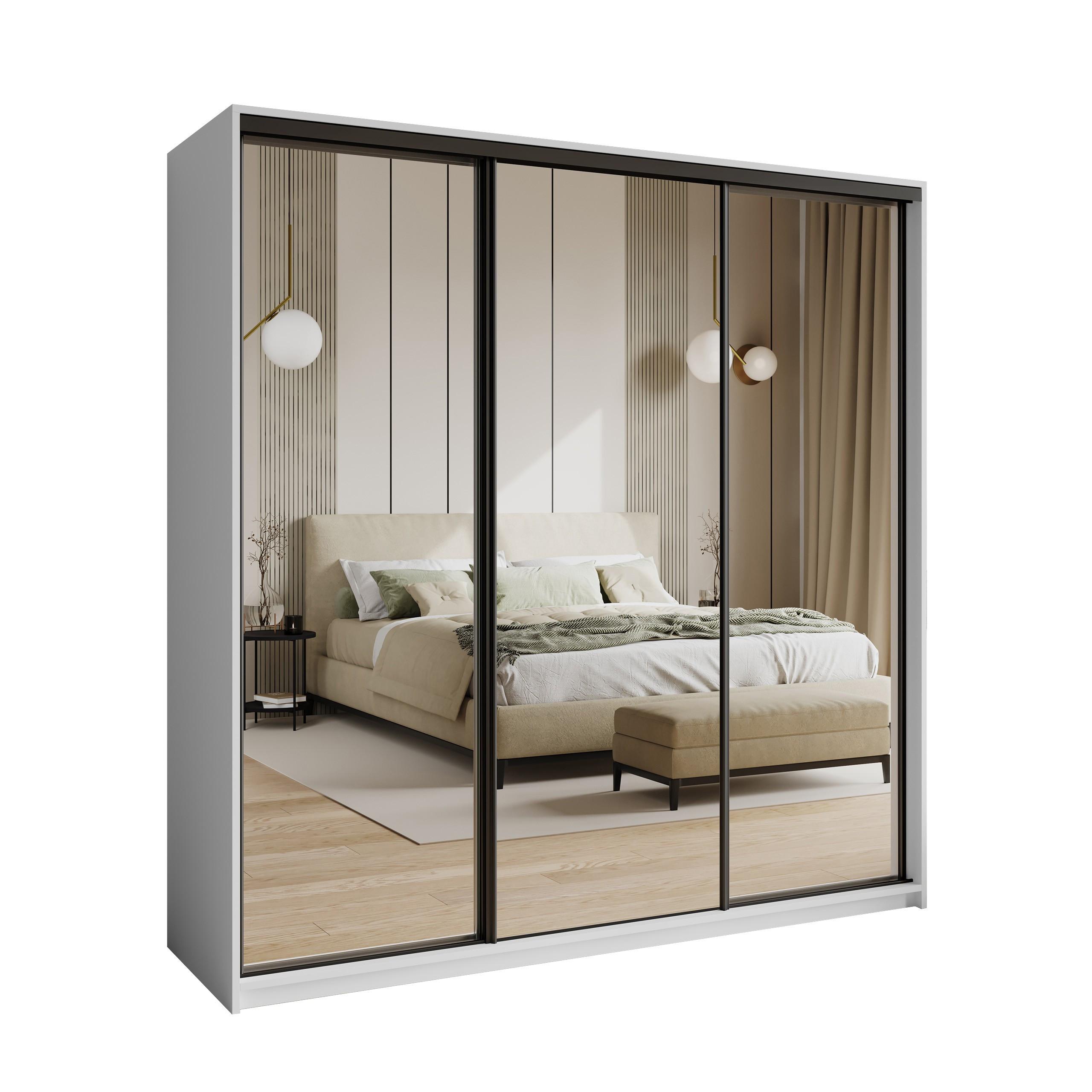 SCHWEBETÜRENSCHRANK RIEN 200/205/60 cm 3-türig mit Spiegel Weiß - Weiß, Holzwerkstoff (200/205/60cm) - MASSENO