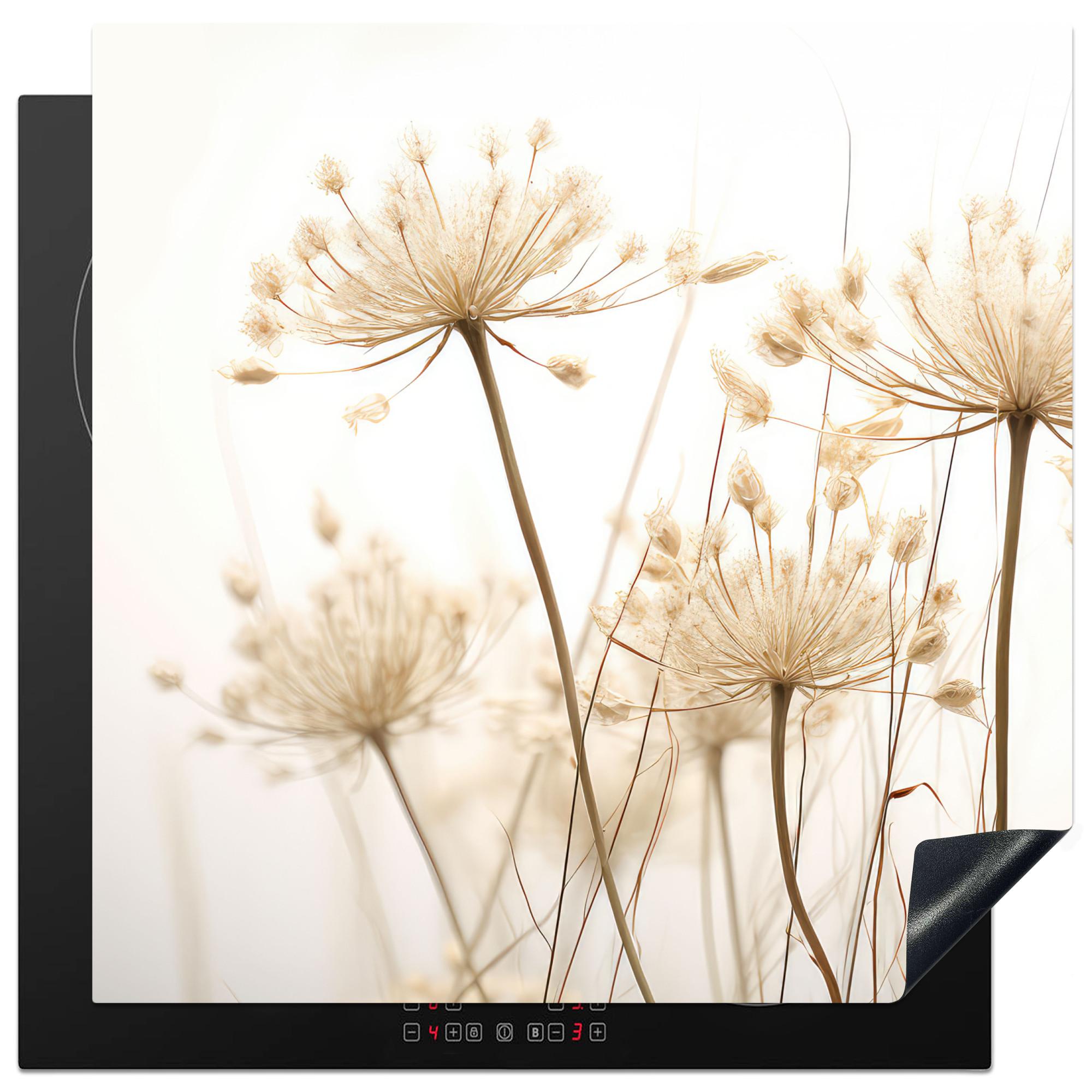 HERDABDECKPLATTE Blumen - Weiß - Sonnenlicht Induktionsmatte 78x78 cm - Ecru, Kunststoff (78/78/0.2cm) - MuchoWow