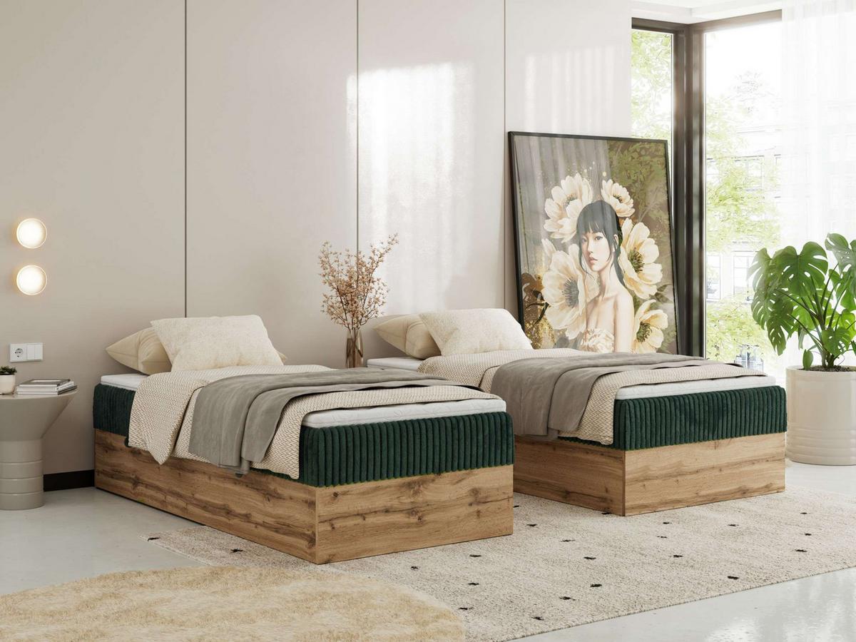 BOXBETT WOOD ZERO 90/200 - Dunkelgrün Cord - H3 - Topper Visco - Dunkelgrün, Textil (90/200cm) - MKS