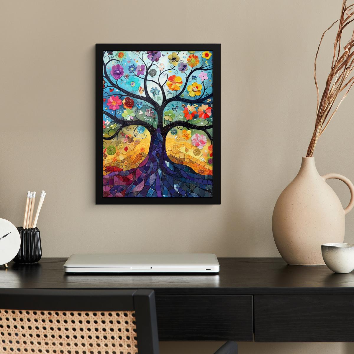 POSTER MIT RAHMENGERAHMTES BILD Kunst - Baum des Lebens - Blumen - Hippie Bilderrahmen 30x40 cm - Dunkelblau, Papier (30/40cm) - MuchoWow