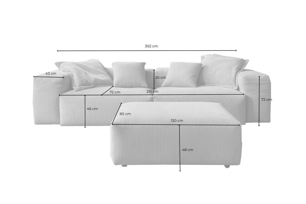 SOFA CELESTE Grau Cord - Schwarz/Grau, Kunststoff/Textil (302/72/114cm) - KAWOLA
