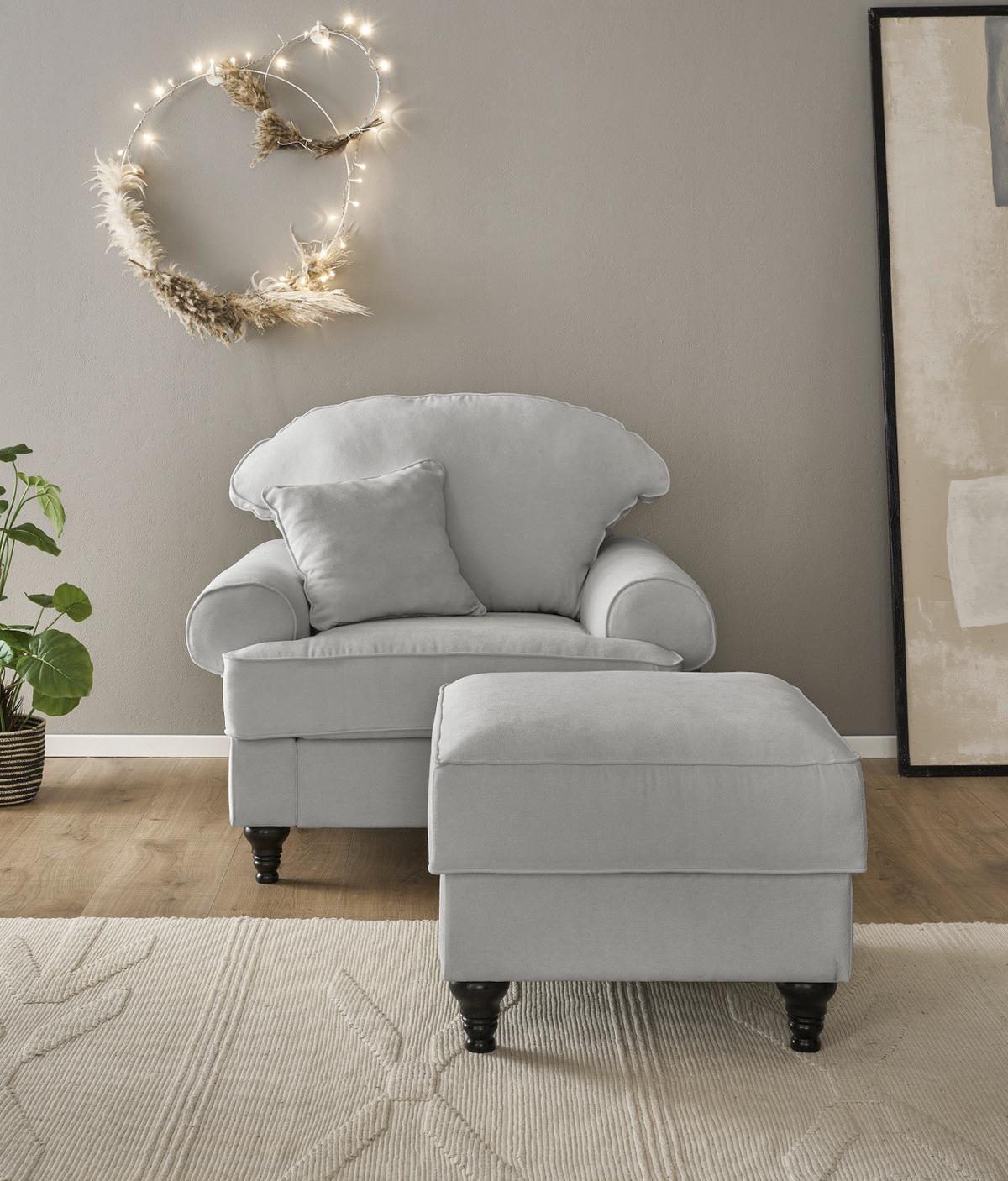 SESSEL-SET hellgrau Landhaus, Loungesessel inklusive Hocker - Hellgrau/Braun, Holz/Textil (175/95/110cm) - Furn.Design