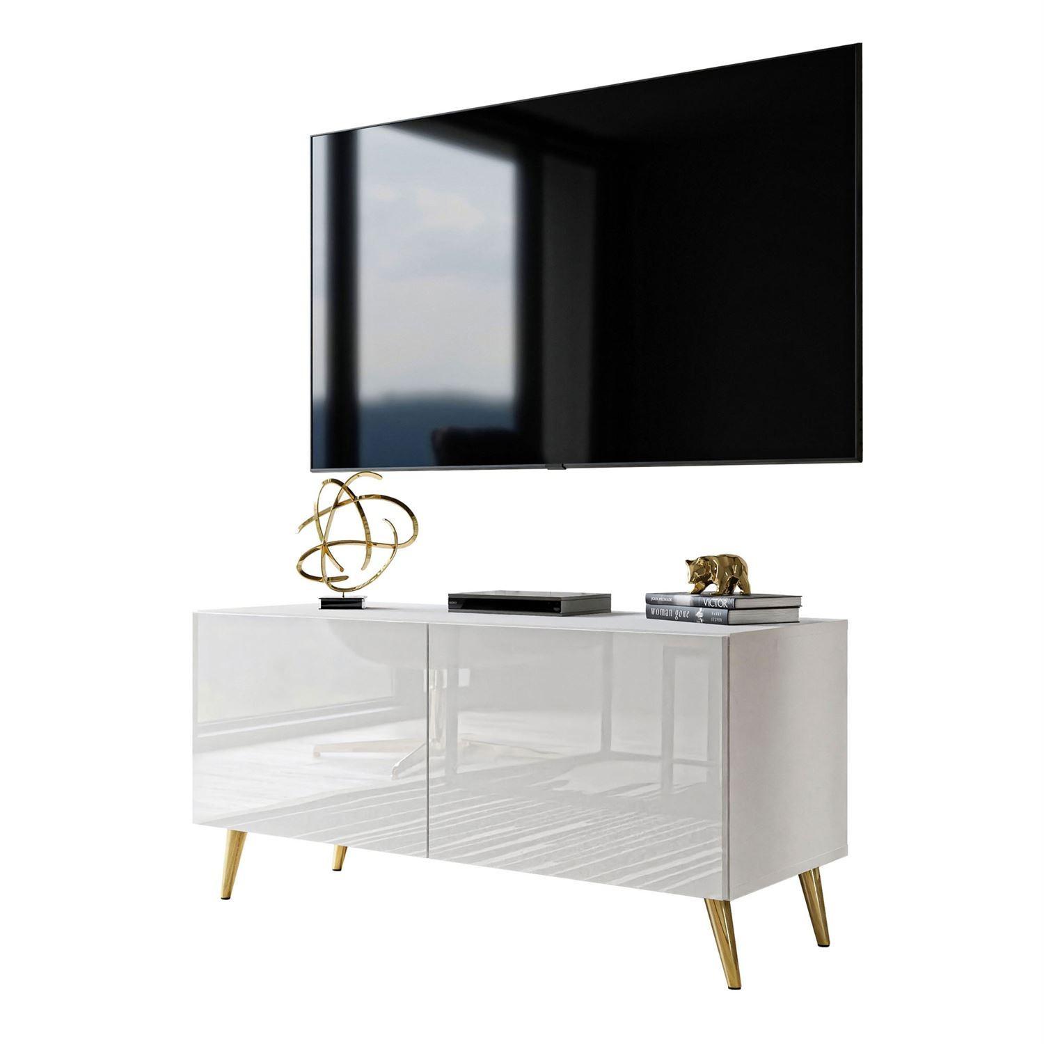 TV-ELEMENT AURA 100 Weiß Hochglanz mit LED-Beleuchtung – Beinfarbe: Gold - Weiß, Holzwerkstoff (100/49/40cm) - Lookway