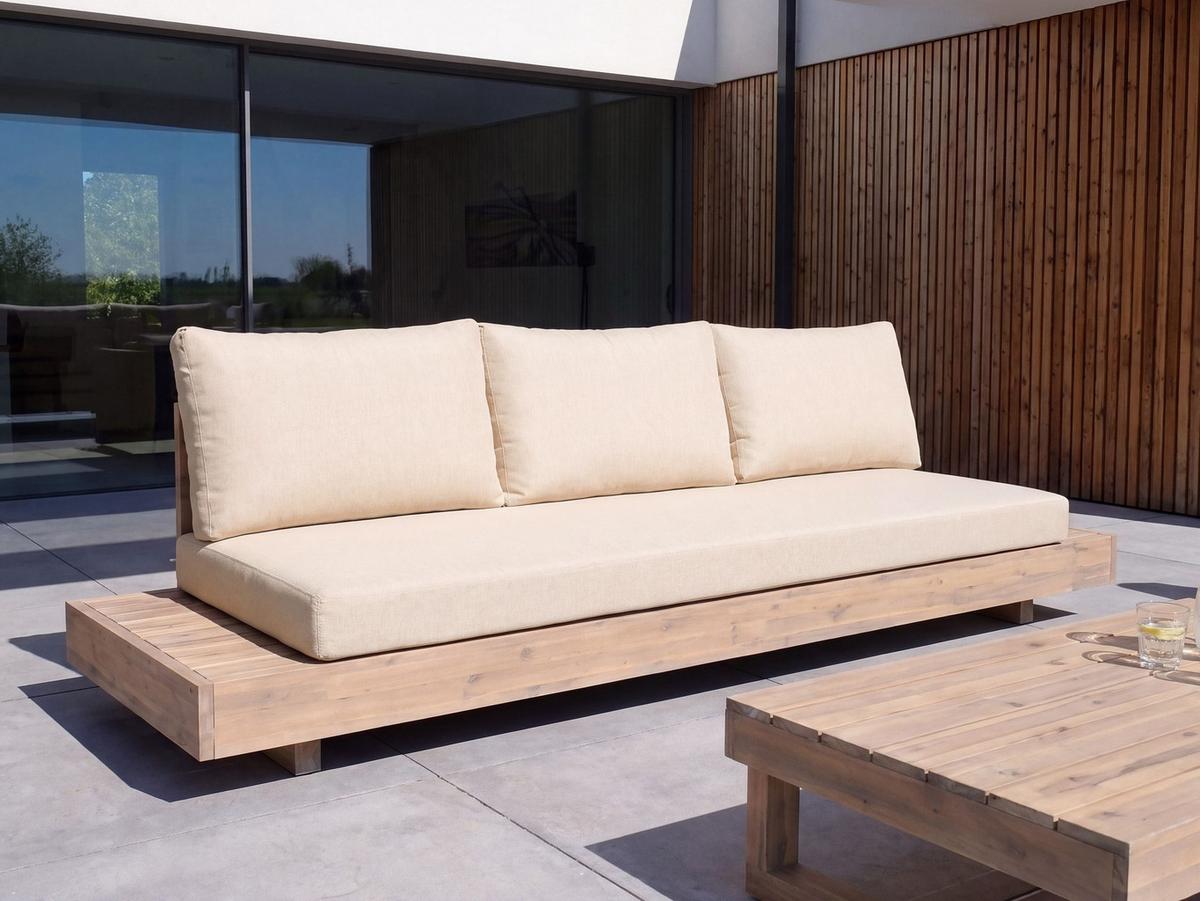GARTENSOFA 3-Sitzer zertifiziertes Akazienholz Beige Marettimo - Hellbraun/Beige, Holz (230/70/68cm) - Beliani